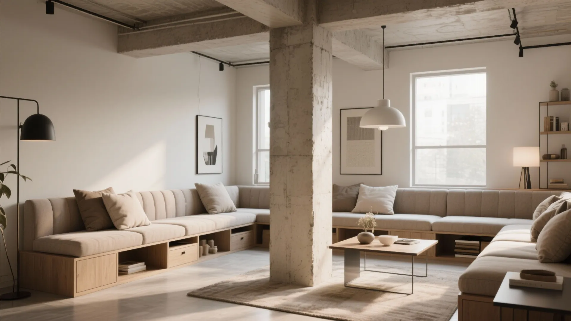 Industrial living room with concrete column long beige sofa seating area coffee table and large windows