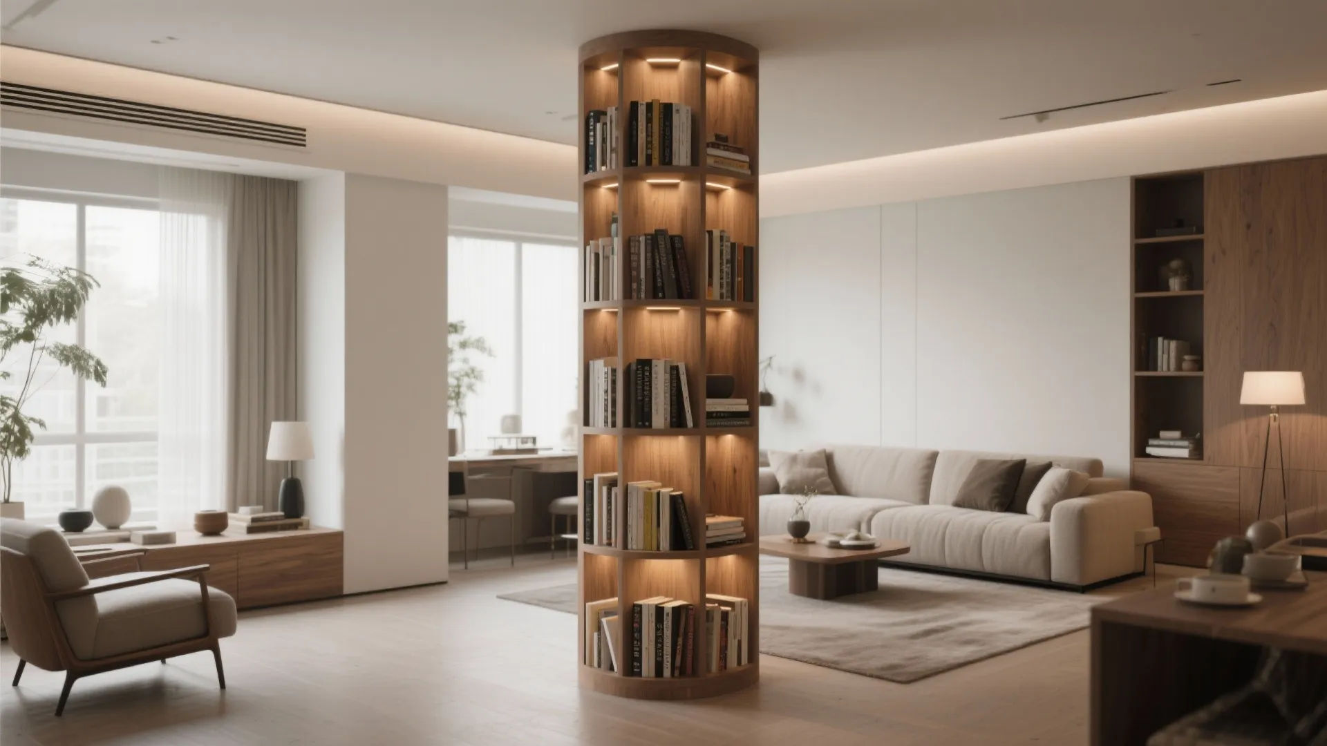 Modern living room featuring a round wooden bookshelf column with warm lighting and comfortable cream sofa