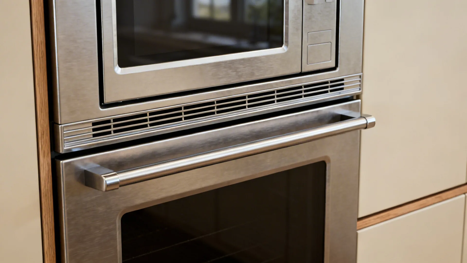 Close-up of aligned stainless trims and vent gap on a stacked oven and microwave.