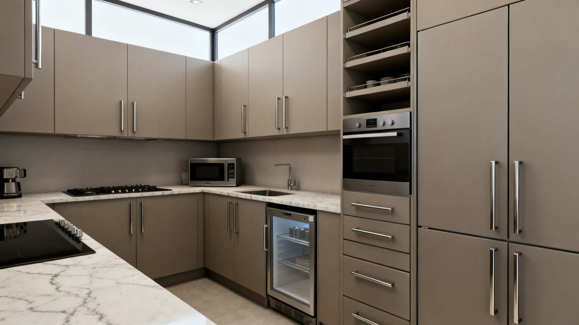 Slim fridge column with pantry pull-outs and an under-counter freezer drawer expanding counter space.
