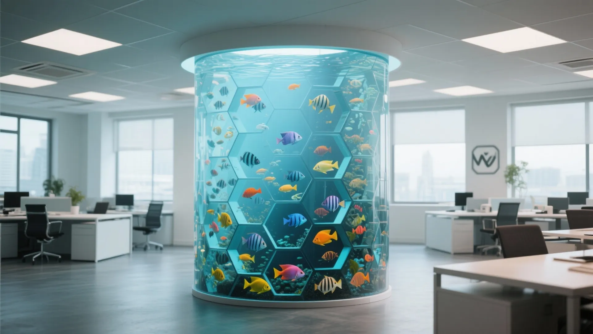 Large cylindrical aquarium column with honeycomb pattern in bright open office with desks and white walls