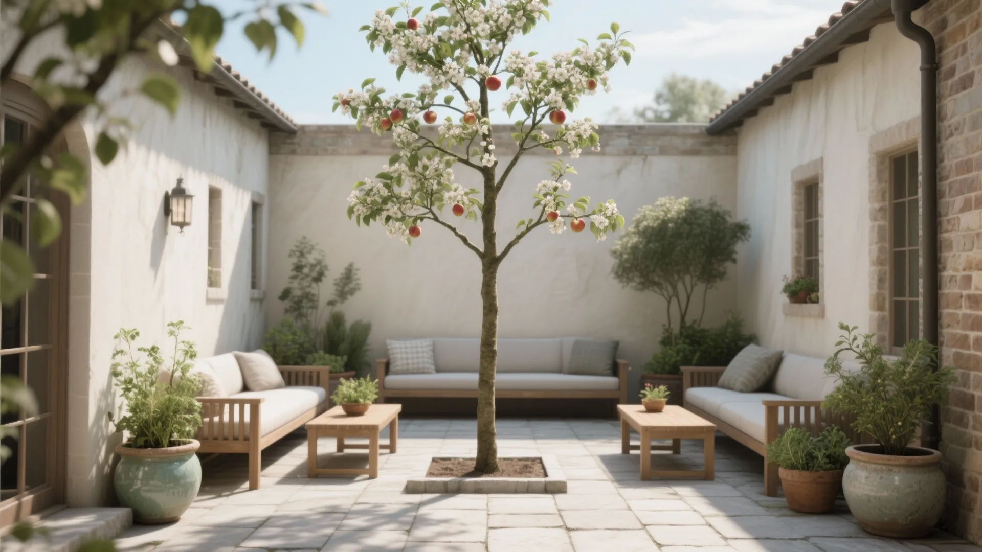 Sunny outdoor courtyard with a central apple tree white sofas wooden tables and many potted plants