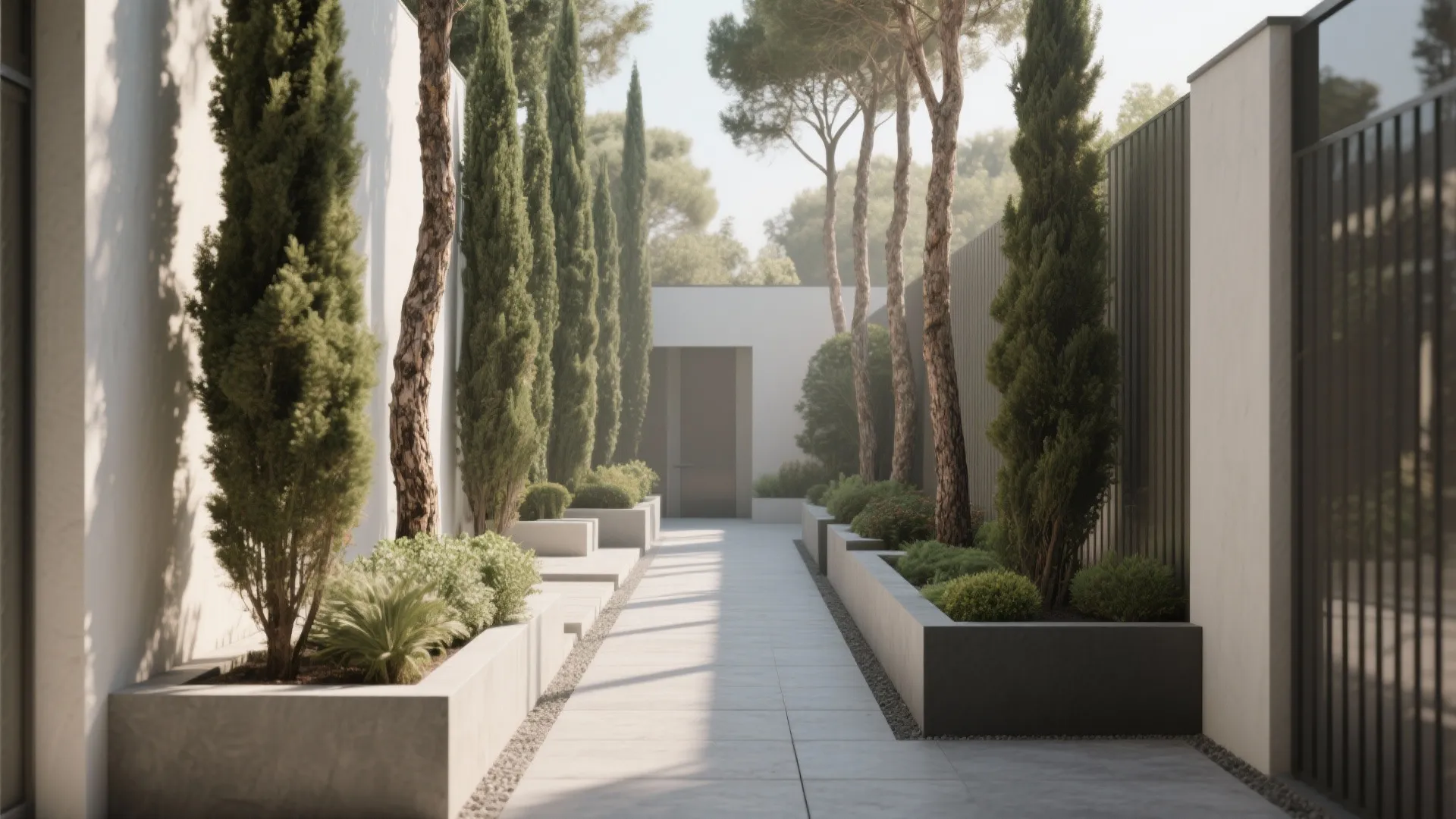 Modern outdoor garden path with tall thin trees in grey planters along white stone walls
