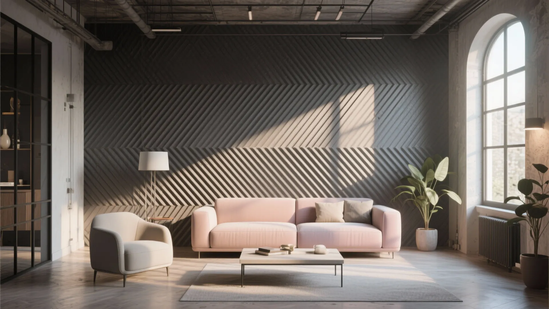 Industrial style living room with pink sofa dark textured wall panel and large arched window
