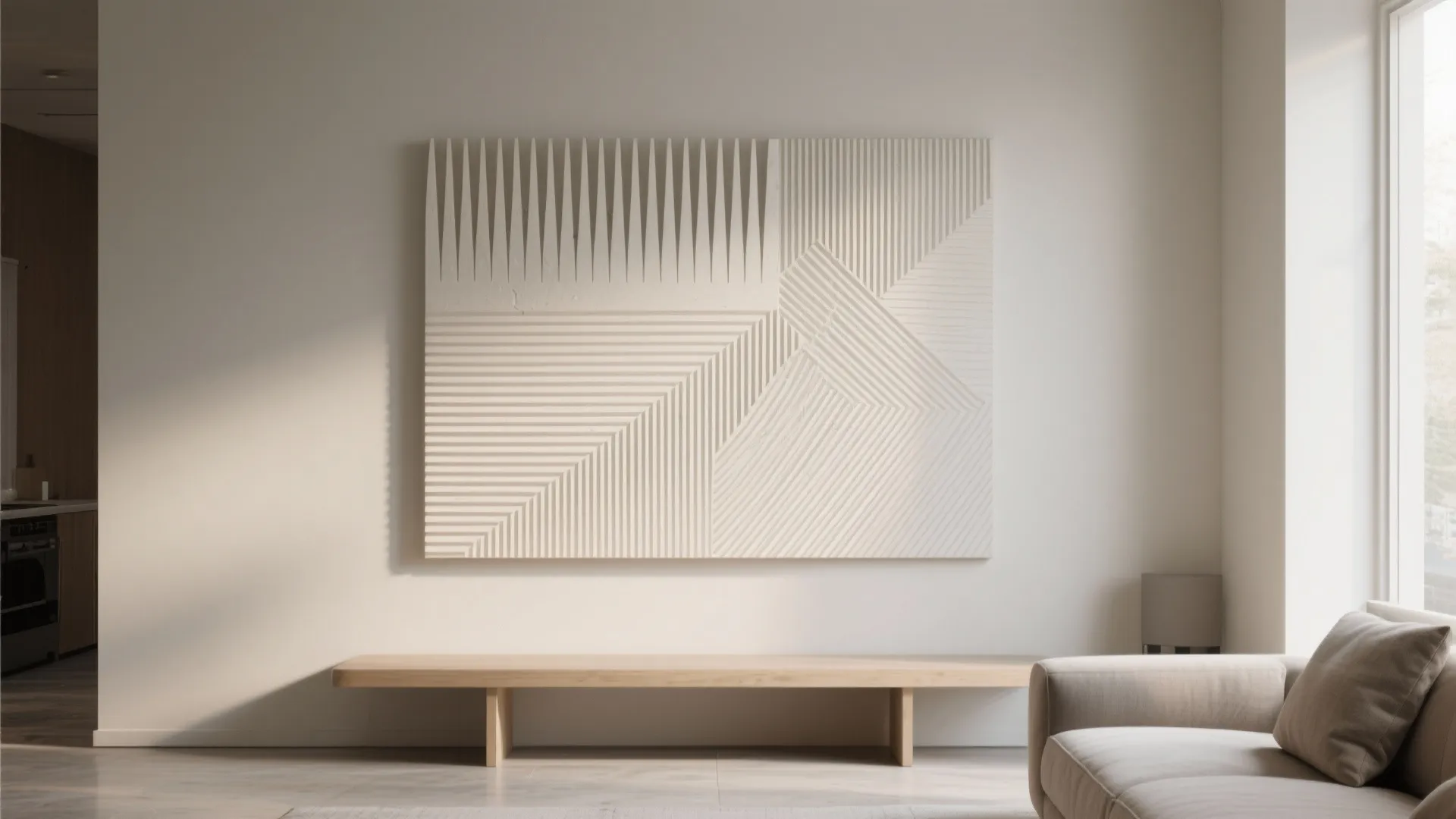 Large textured wall art with geometric lines hanging above a simple wooden bench near sofa