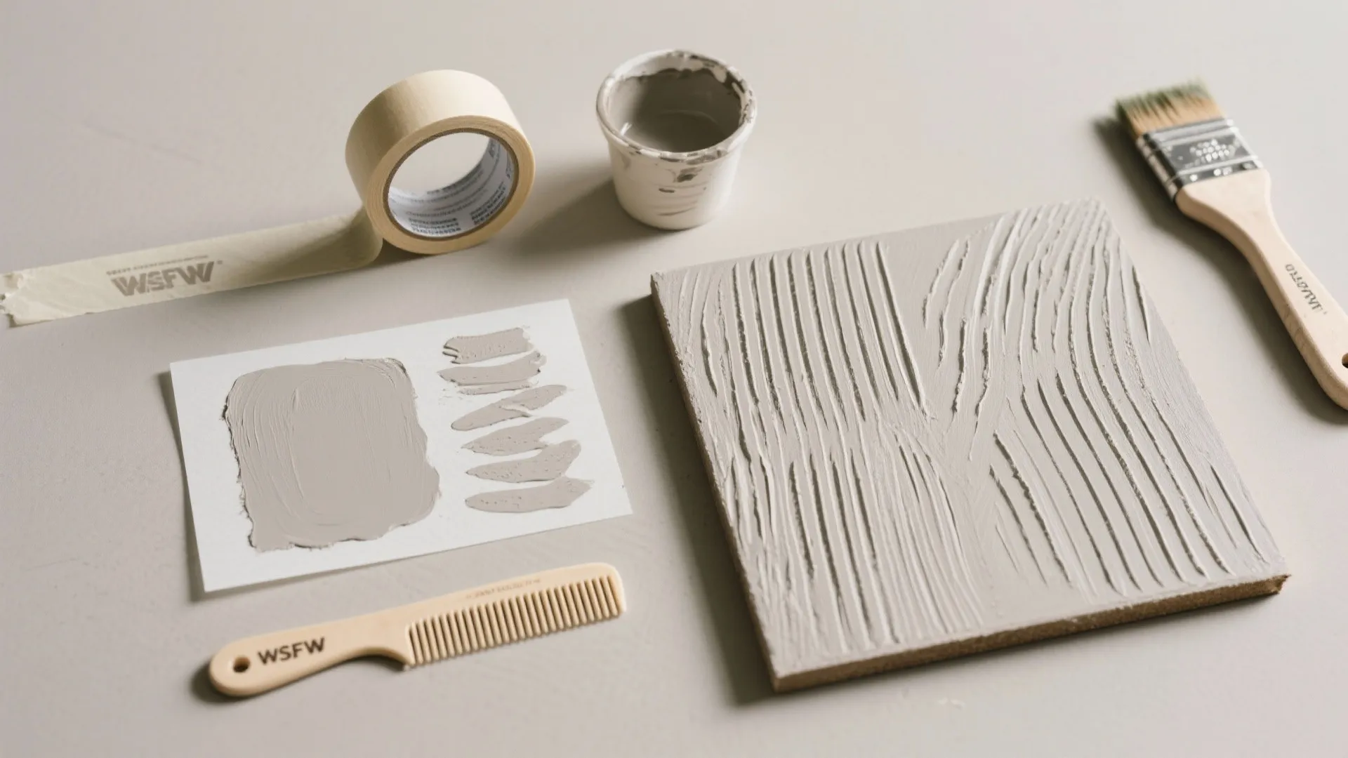 Wall paint tools with tape, brush, comb, and textured board for interior design project surface