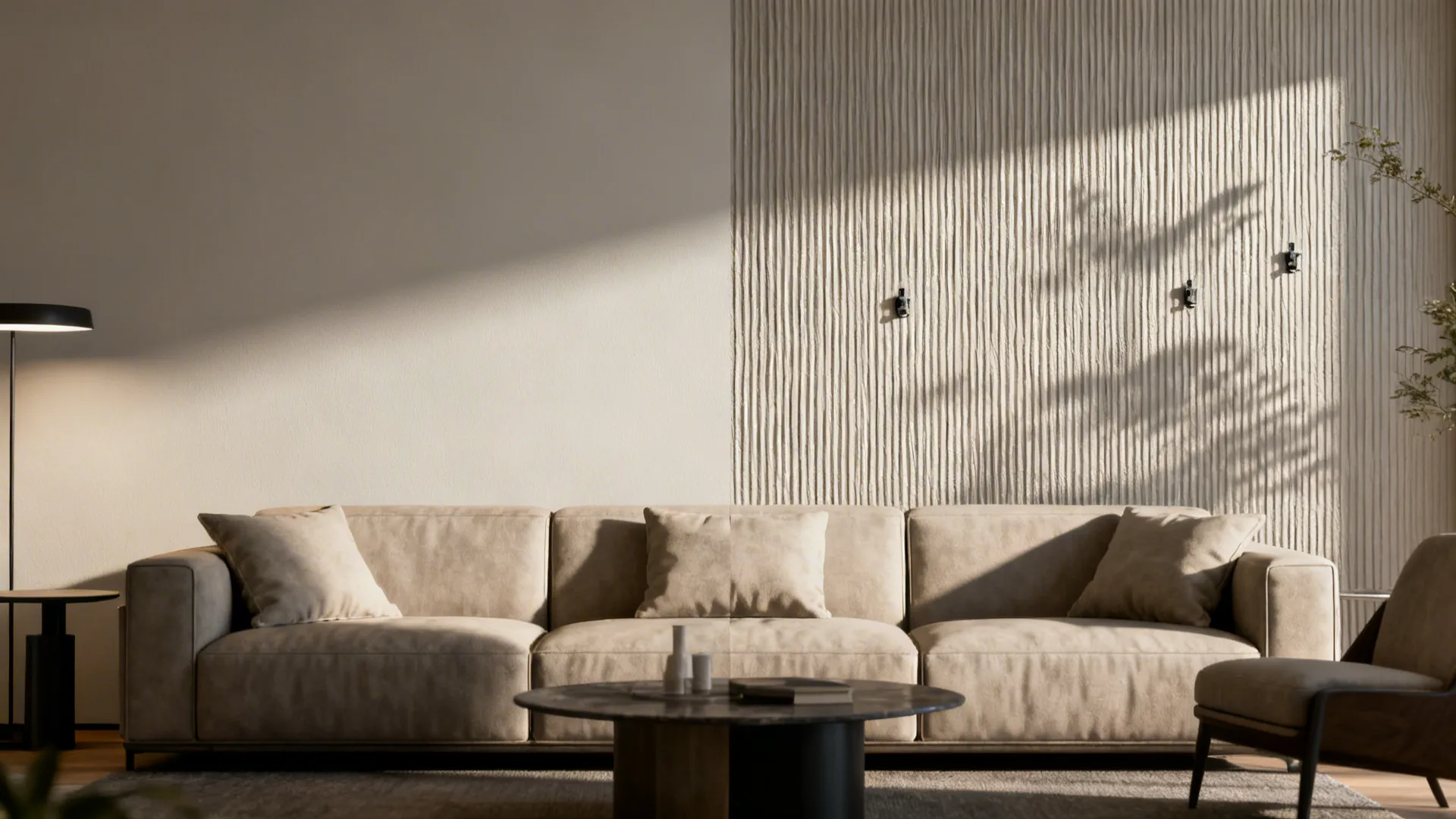 Split view comparing a plain wall versus the same wall with a fine vertical combed texture.