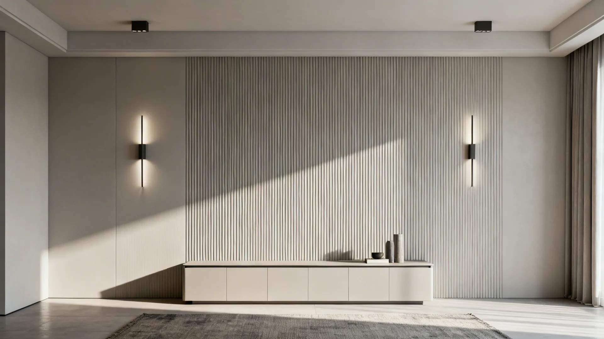 Vertical combed wall texture behind a low media console with grazing light in a modern living room.