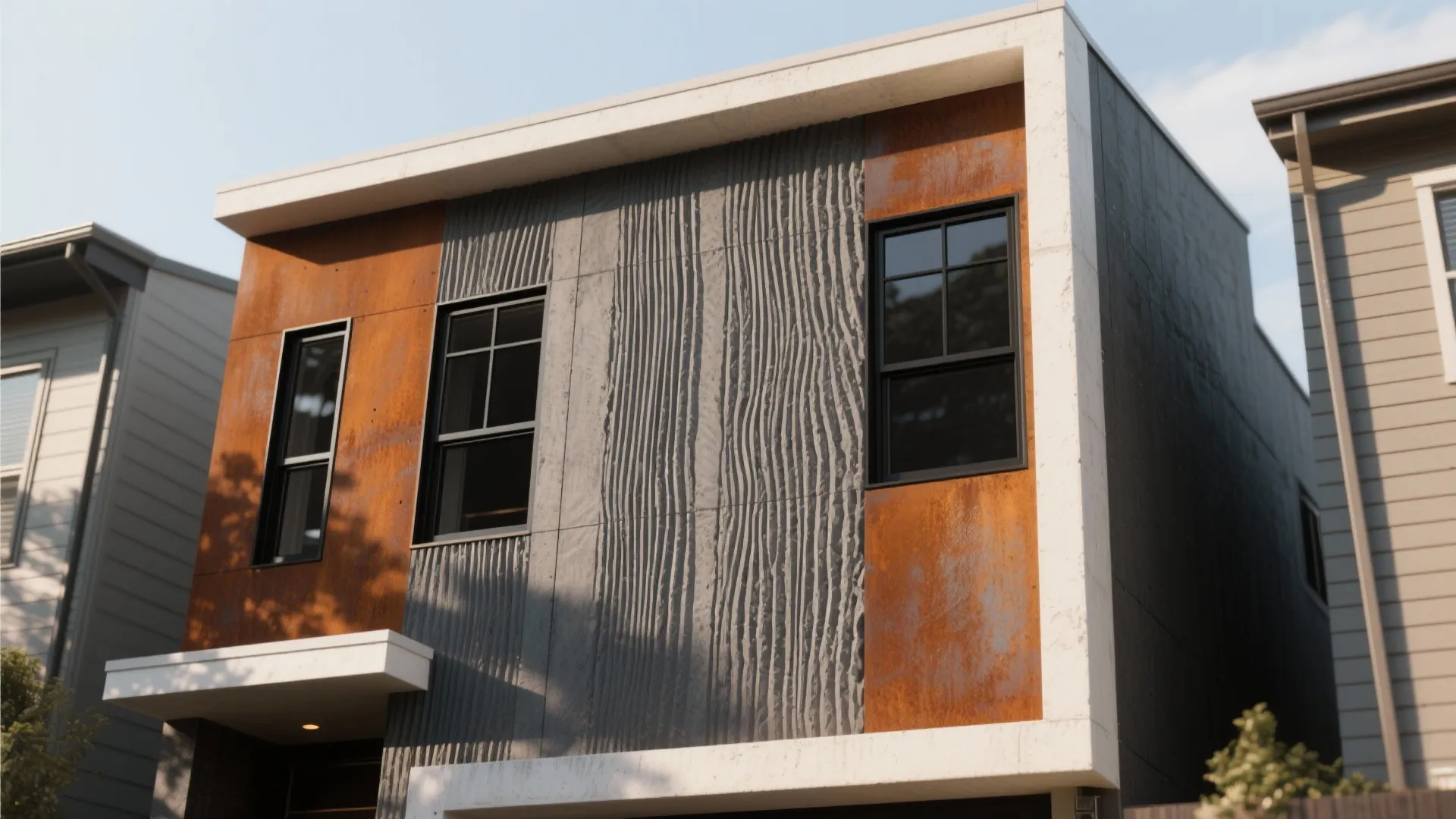 Modern house exterior with grey textured concrete walls orange rusted metal panels and black windows