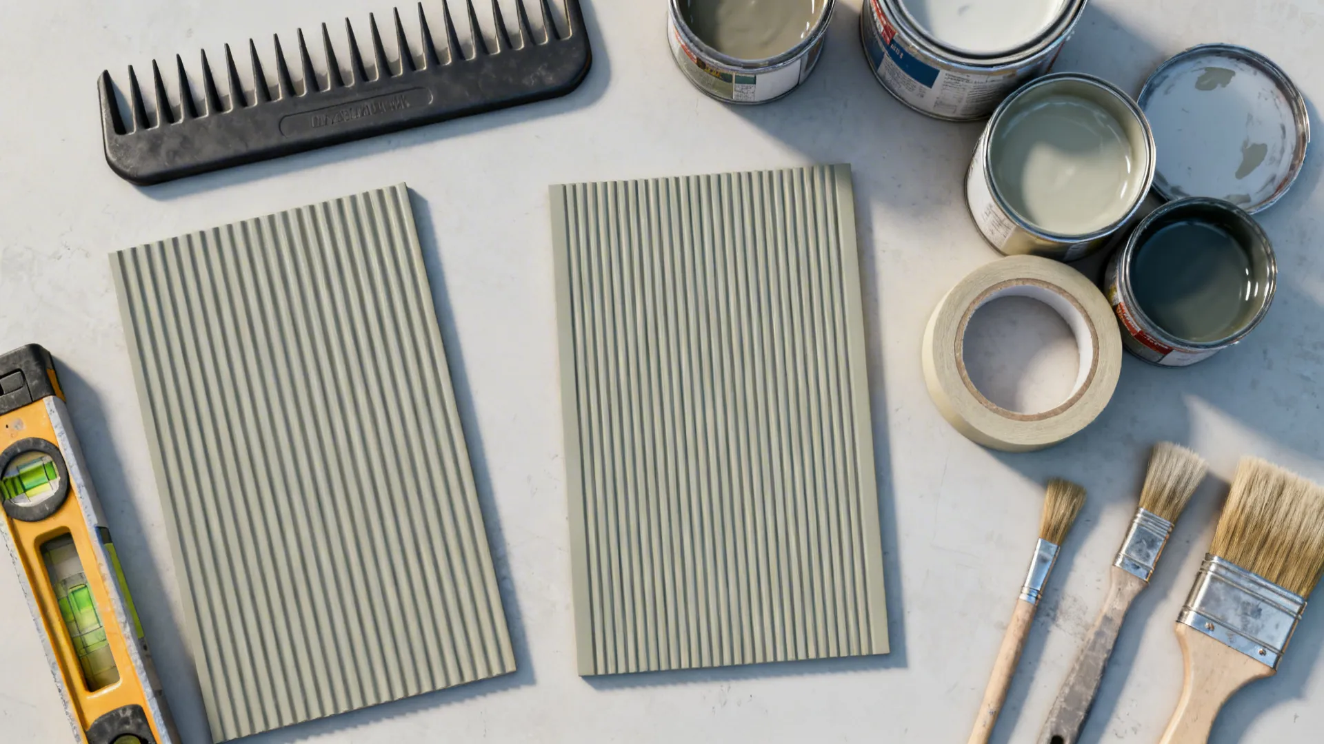 Top-down flat lay of combed finish tools and sample boards showing fine vertical striations.
