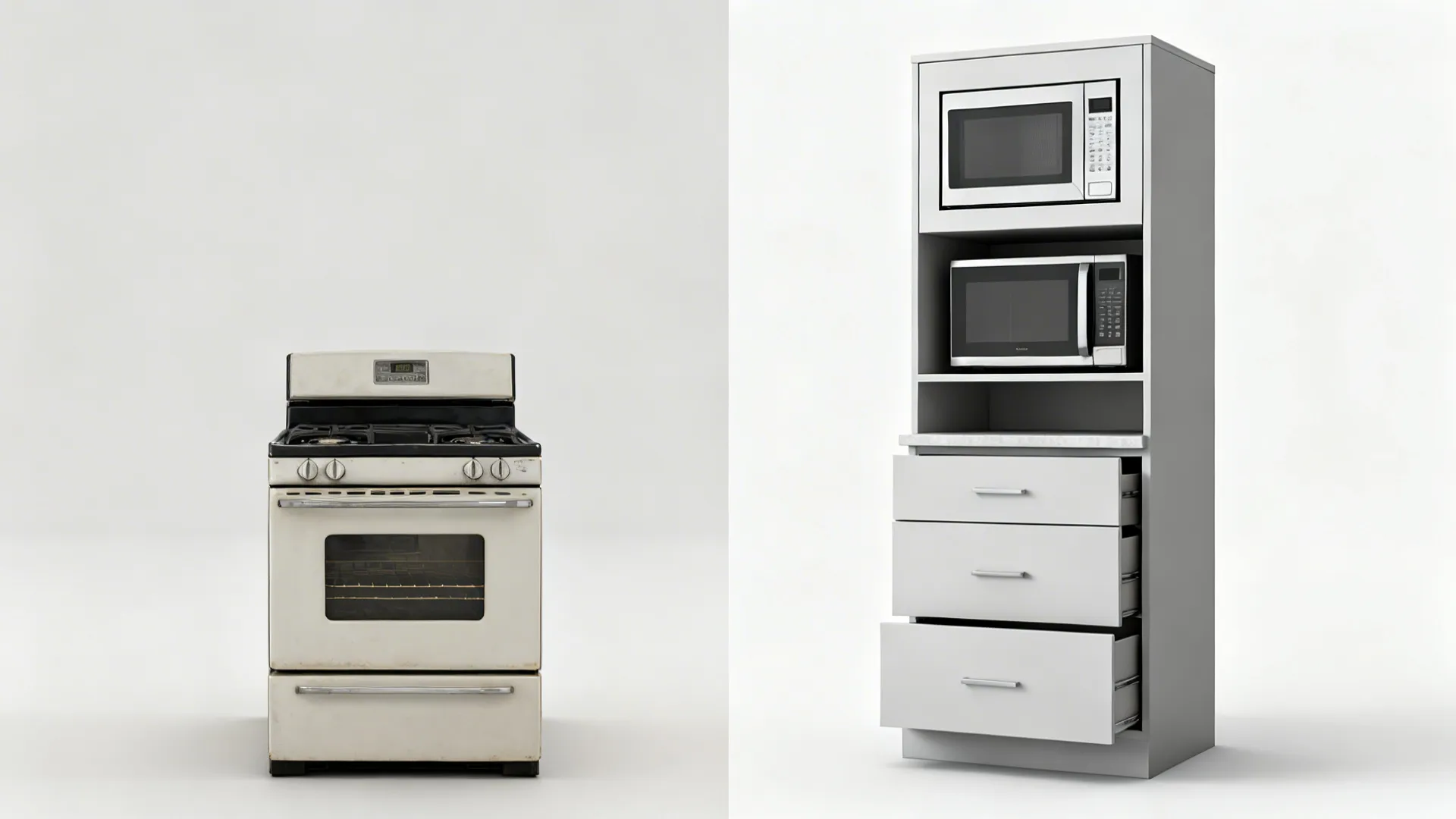 Before-and-after showing a range replaced by a combi microwave tower with drawers.