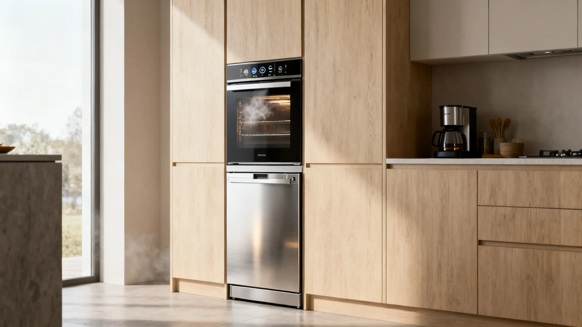 Compact column with a combi steam oven over a slim drawer dishwasher set in pale ash cabinetry.