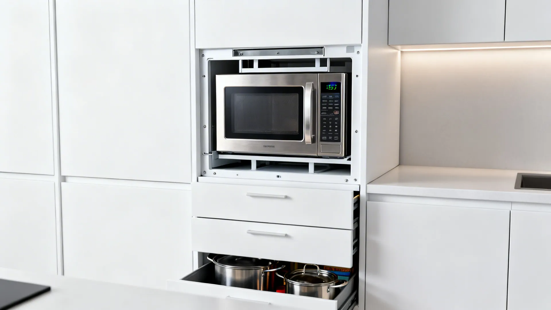 Compact kitchen tower with a combi microwave and drawer stack below.