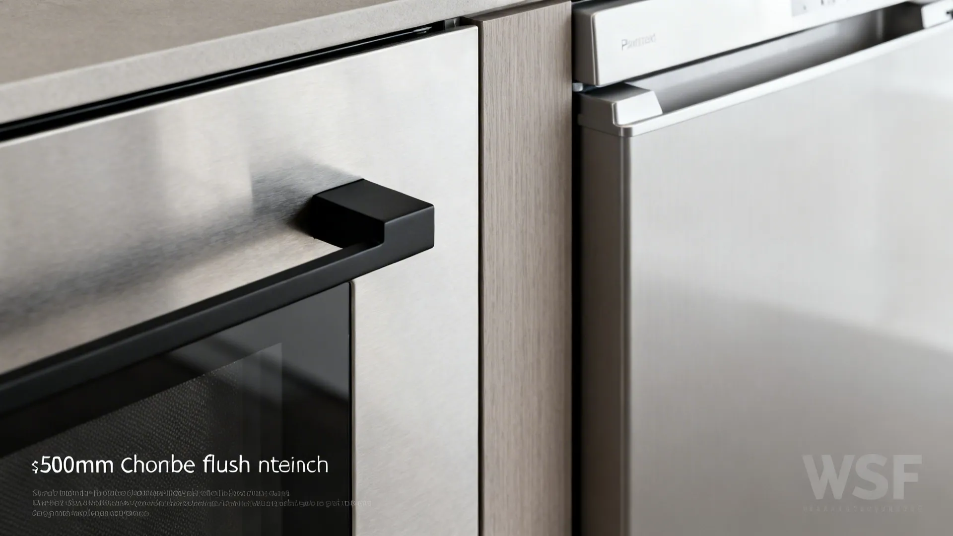 Close up of stainless steel oven with black handle next to a light wood cabinet