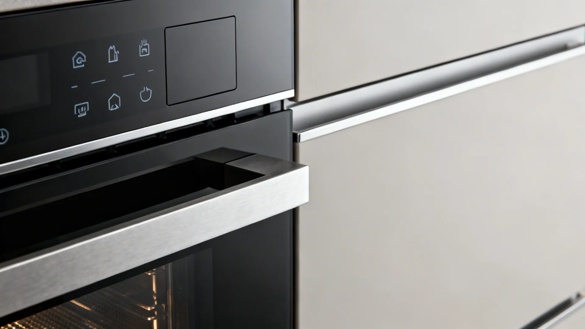 Macro detail of a combi-steam oven control panel with stainless trim beside aligned cabinetry.
