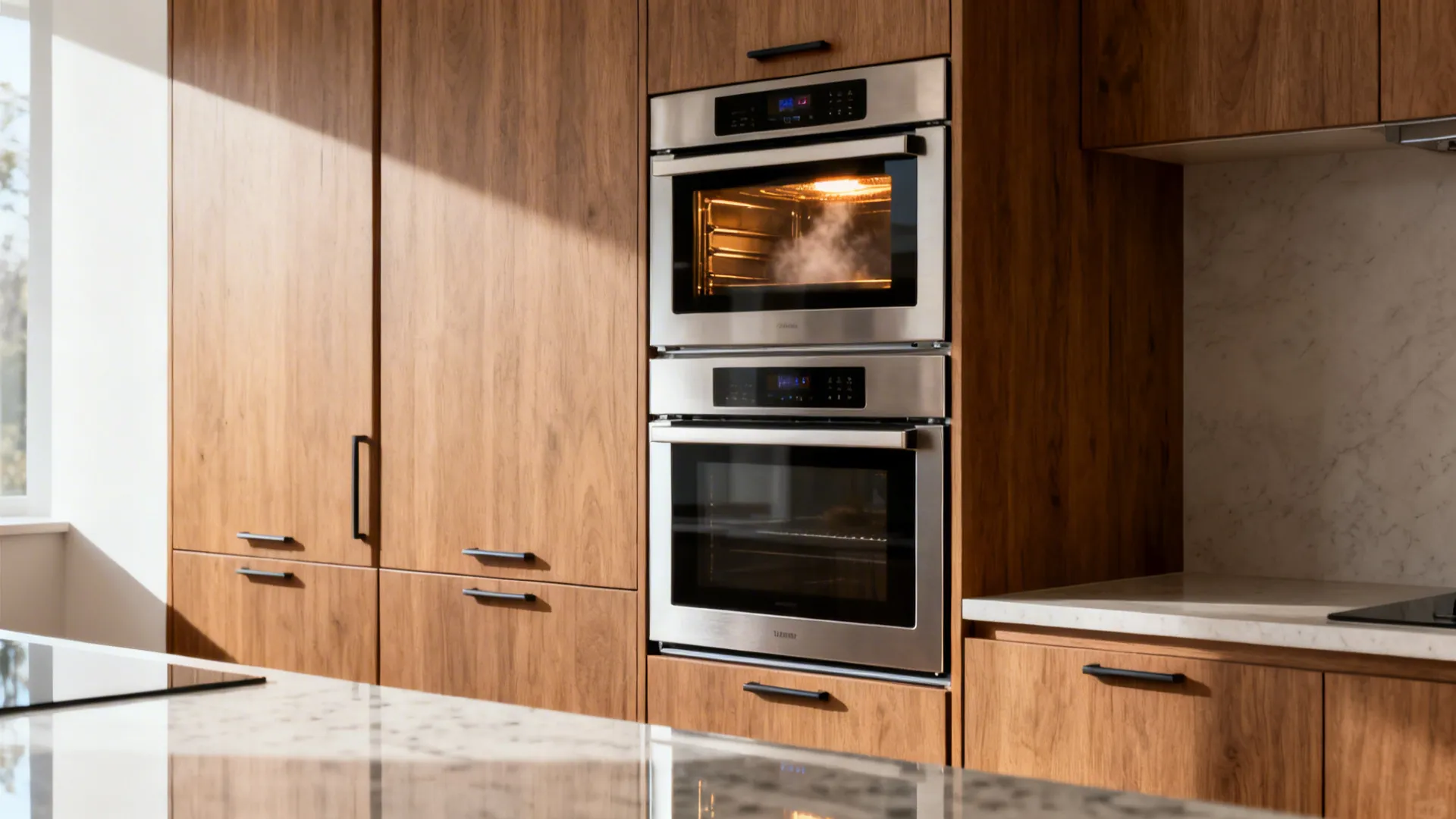 Tall cabinet column with a 45 cm combi-steam oven above a built-in microwave drawer and nearby landing space.