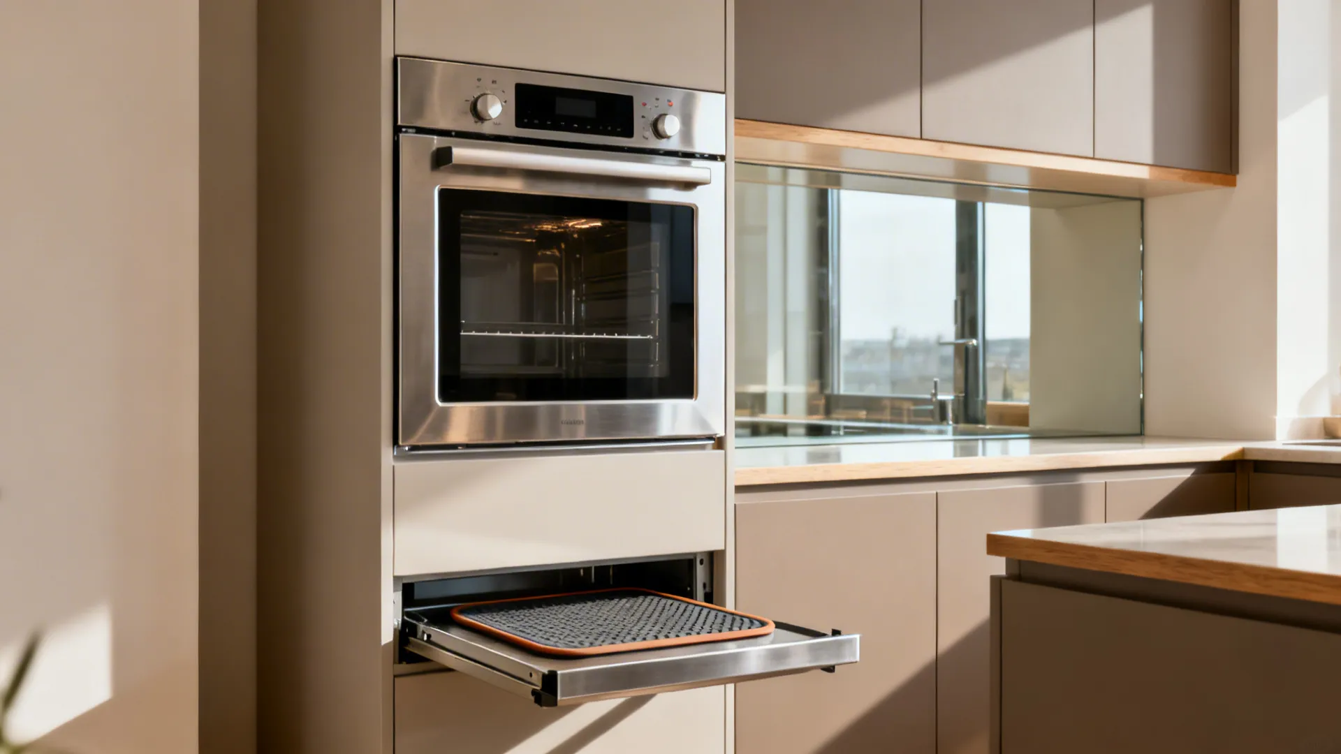 Compact combi steam oven built into a shallow tall unit in a small kitchen.