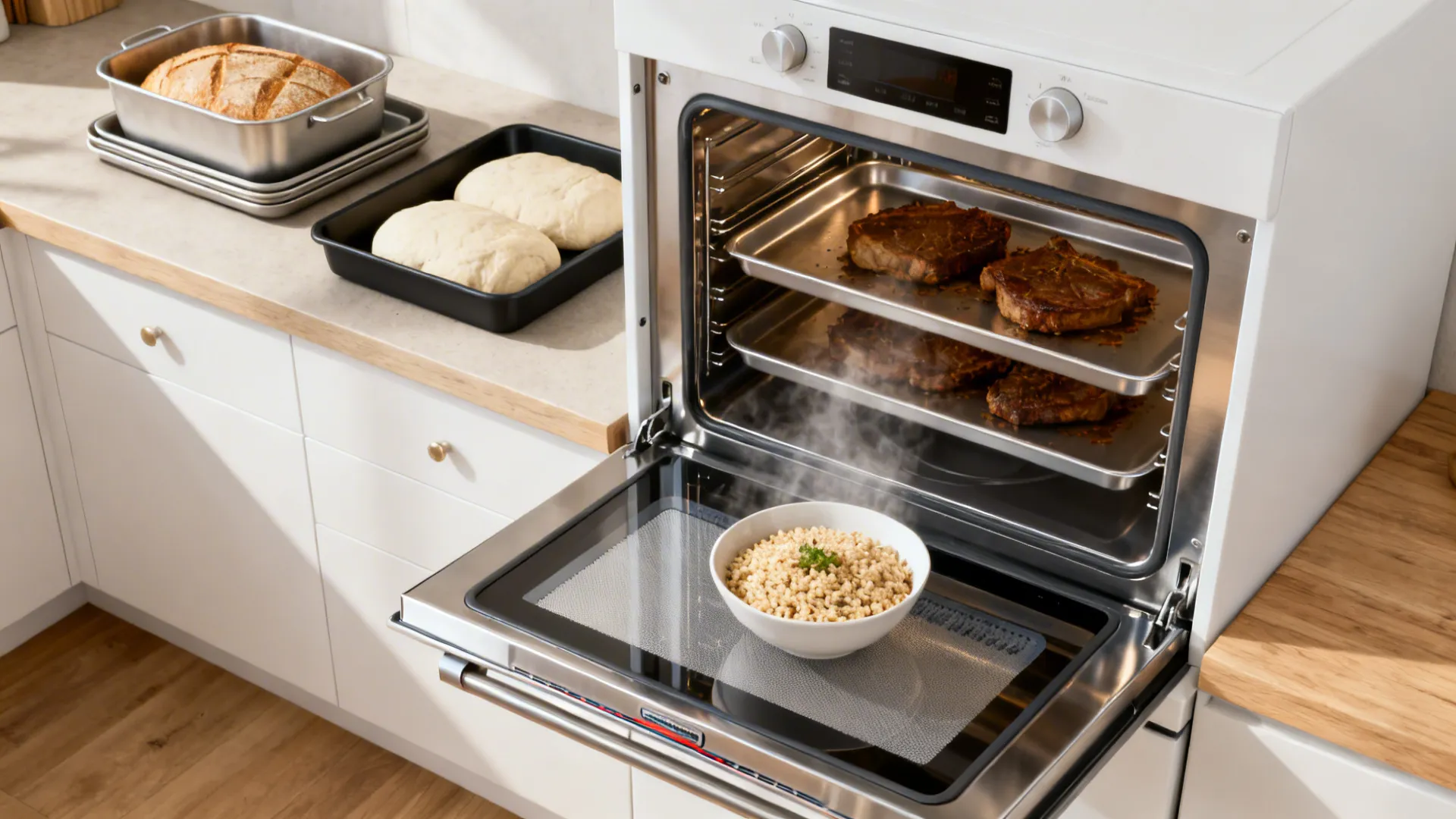Top-down view showing compact workflow zones around a combi steam oven with trays and mat.