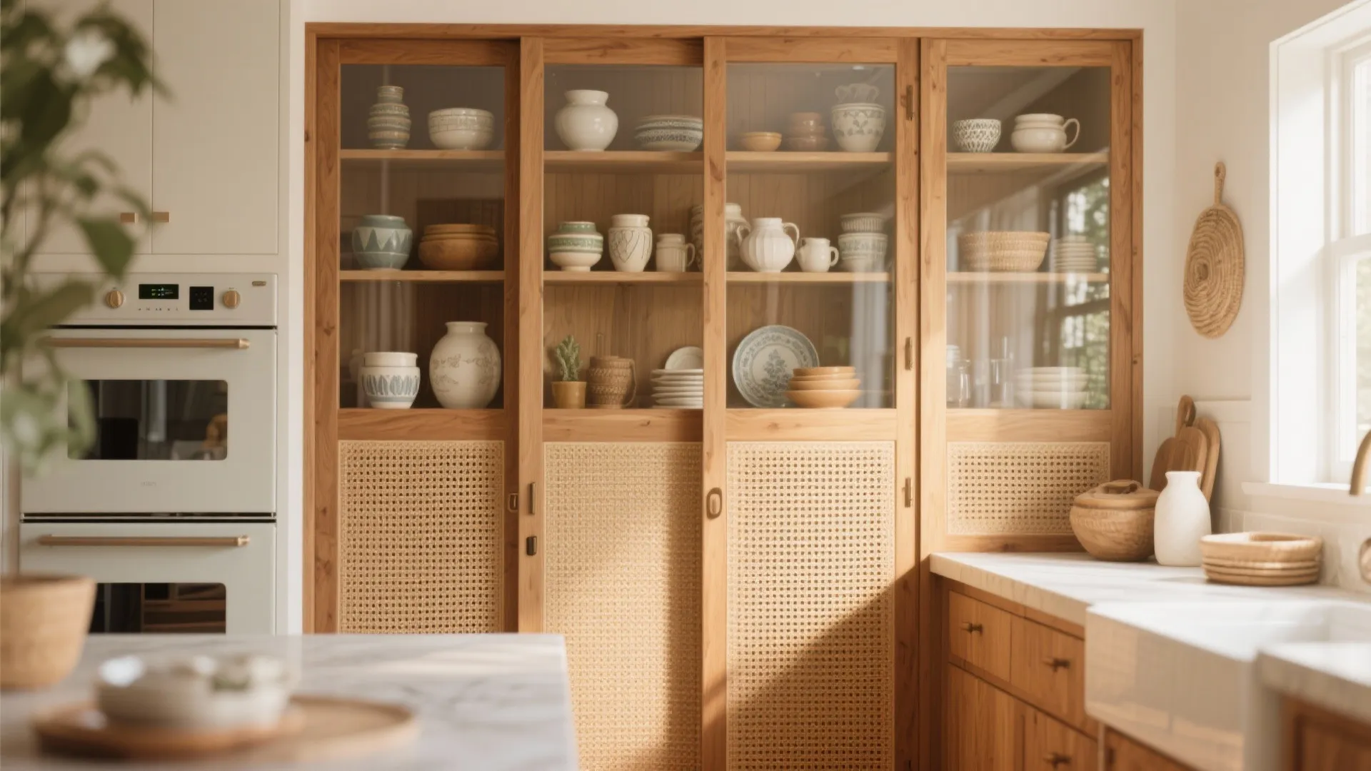 5. Combination doors: glass plus woven or wood panels