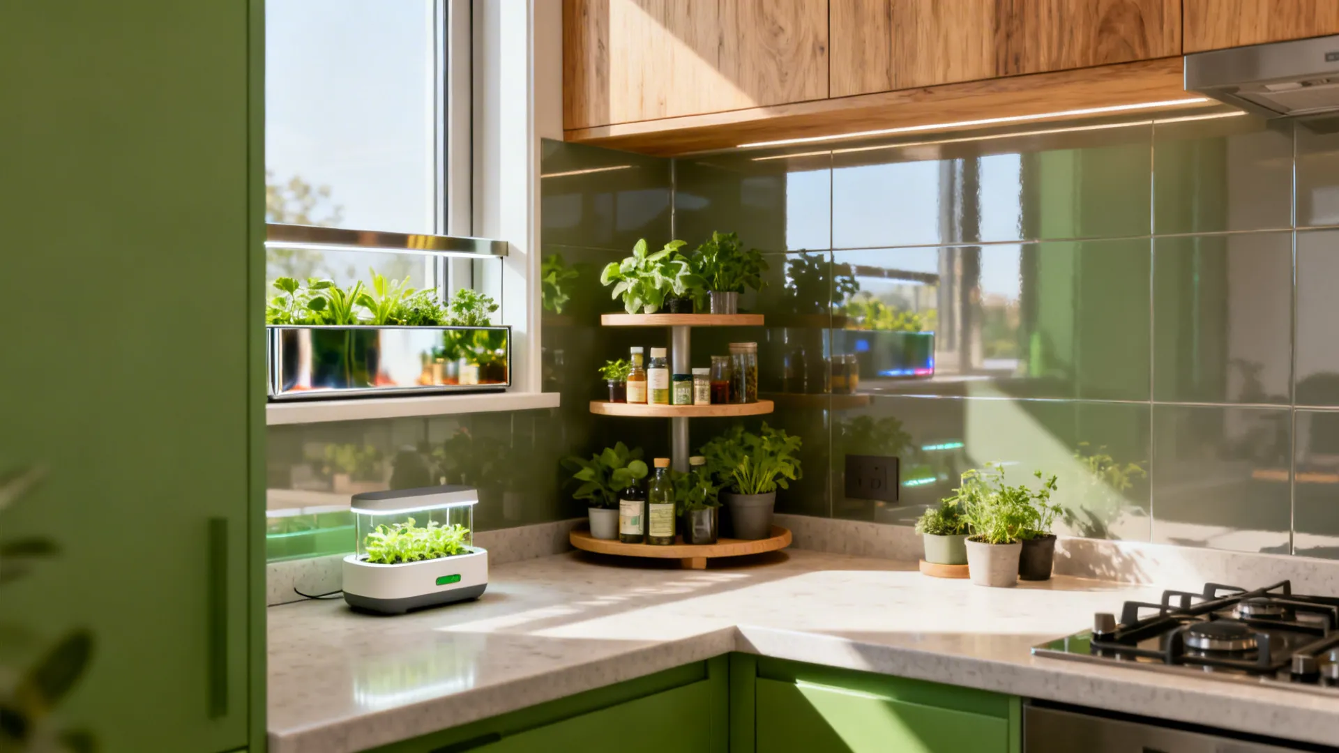 A compact kitchen shows a corner riser, reflective window box, and a small hydro pod working together.