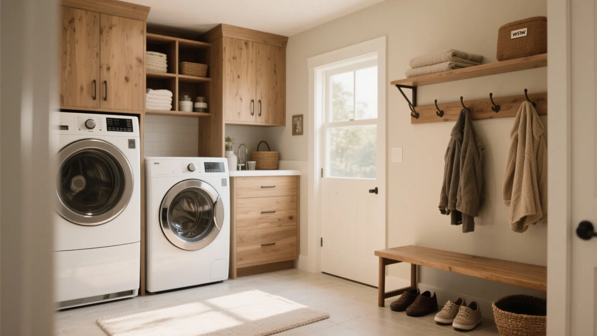 Laundry room with wooden cabinets white washing machines and a small bench for hanging coats