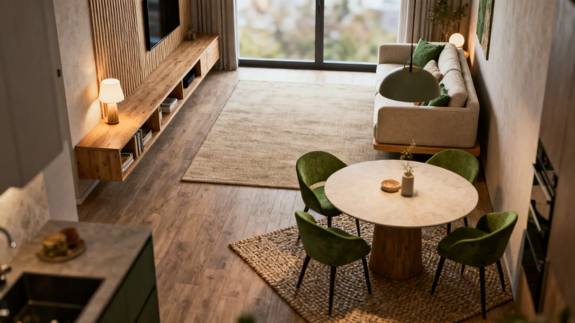 High angle view of living room with beige sofa and dining area with green chairs