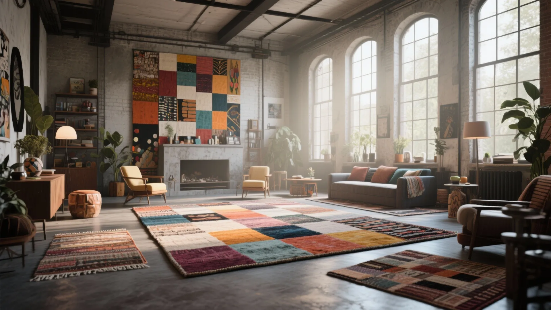 Patchwork of rugs in artistic loft space