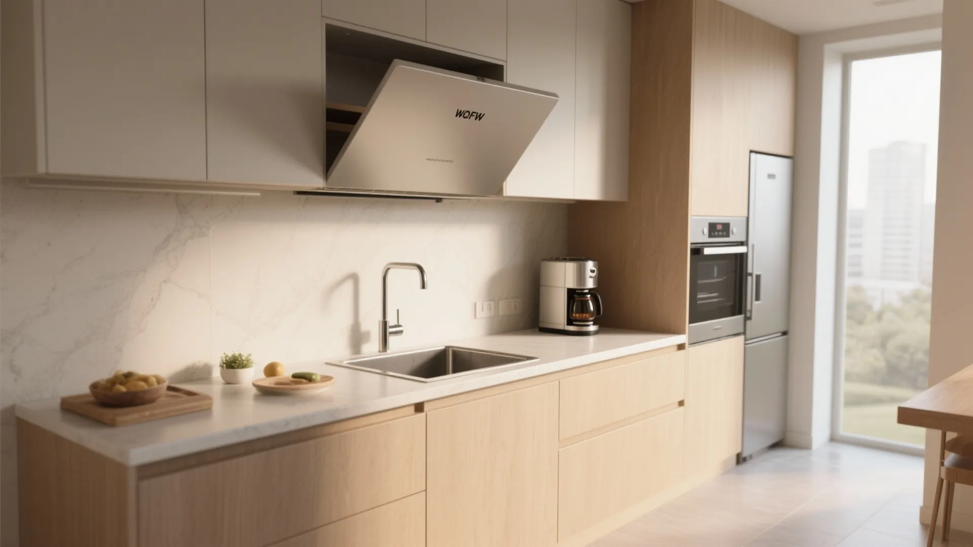 Modern kitchen with wood cabinets white counter open upper cabinet door sink and coffee maker