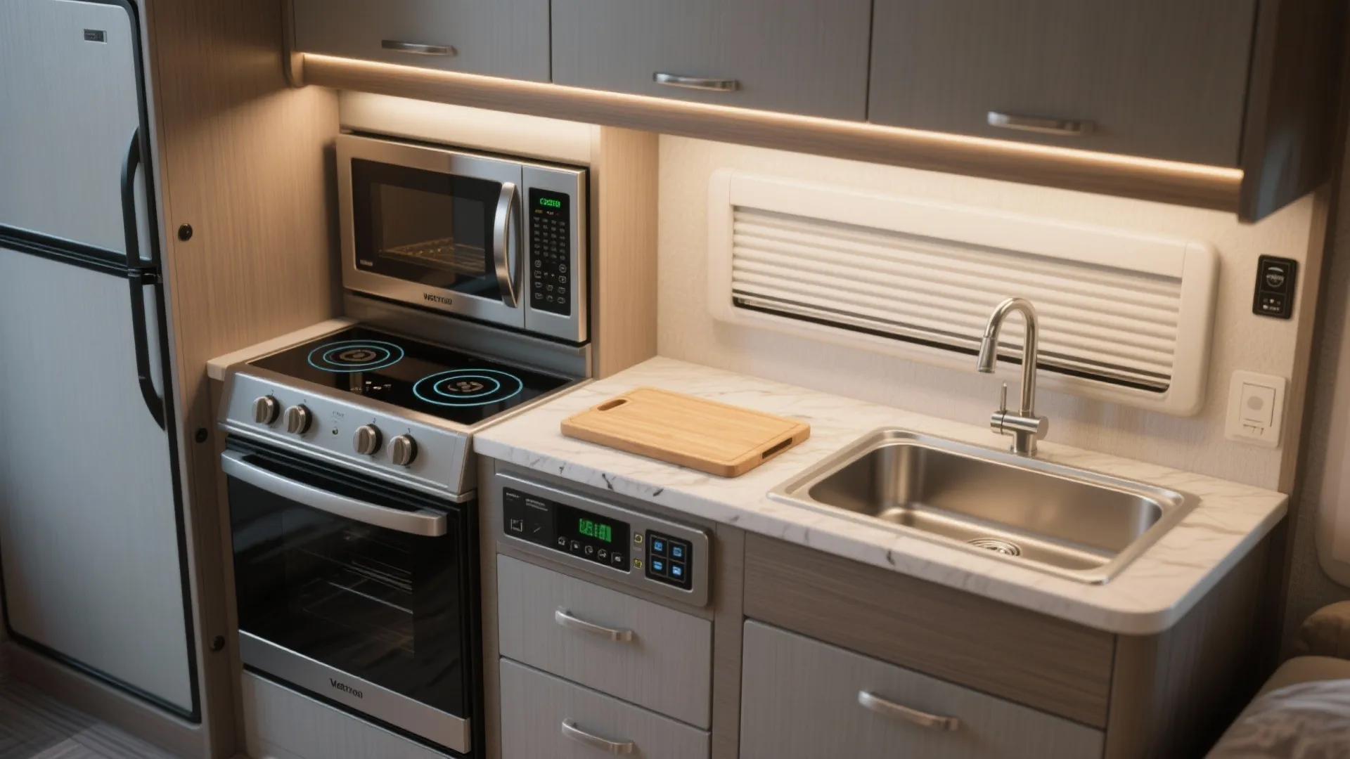 Compact kitchen interior design featuring a stainless steel stove microwave oven sink and wooden cabinets