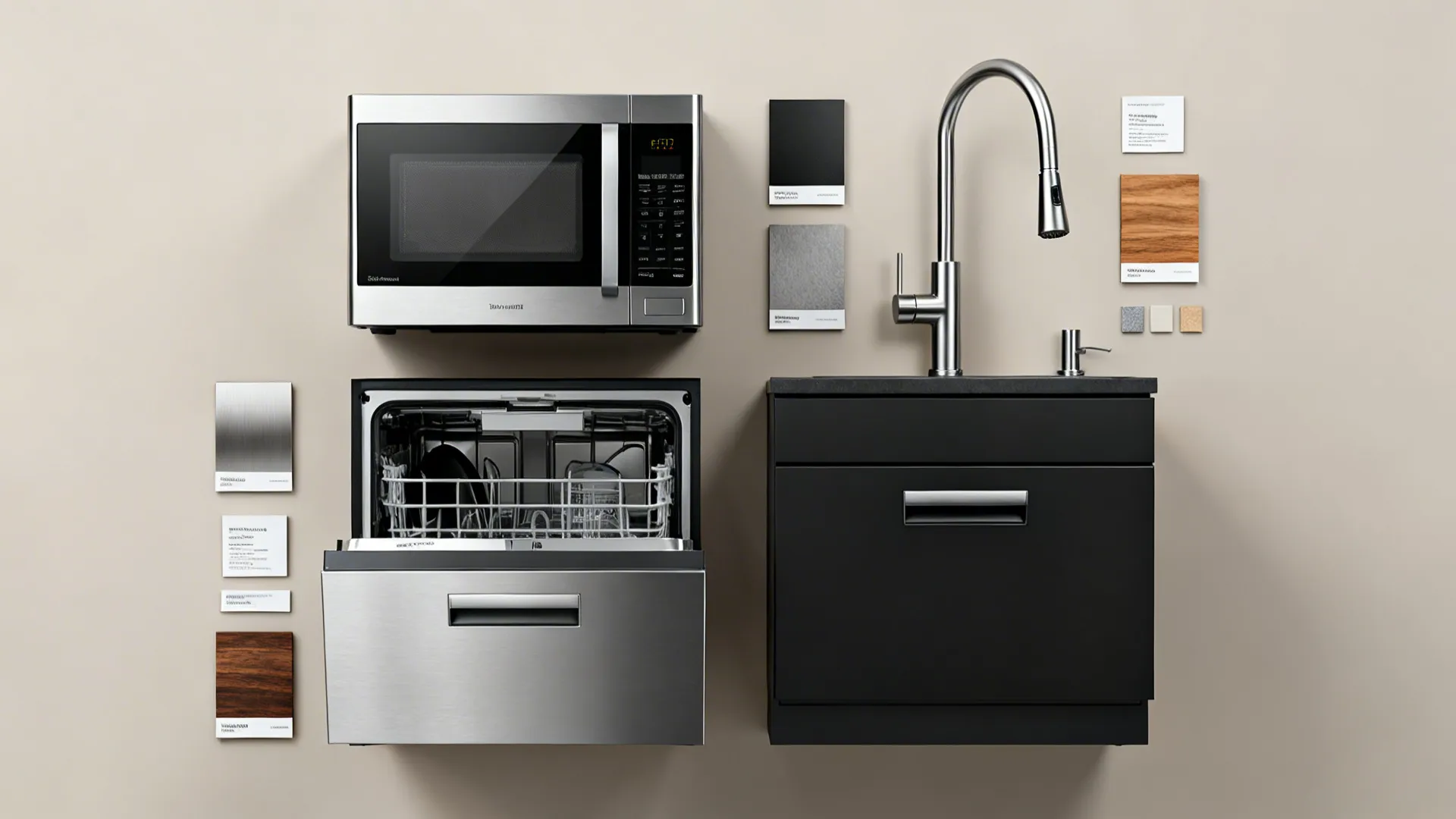 Flatlay of compact combo appliances and fixture samples ideal for small kitchens.