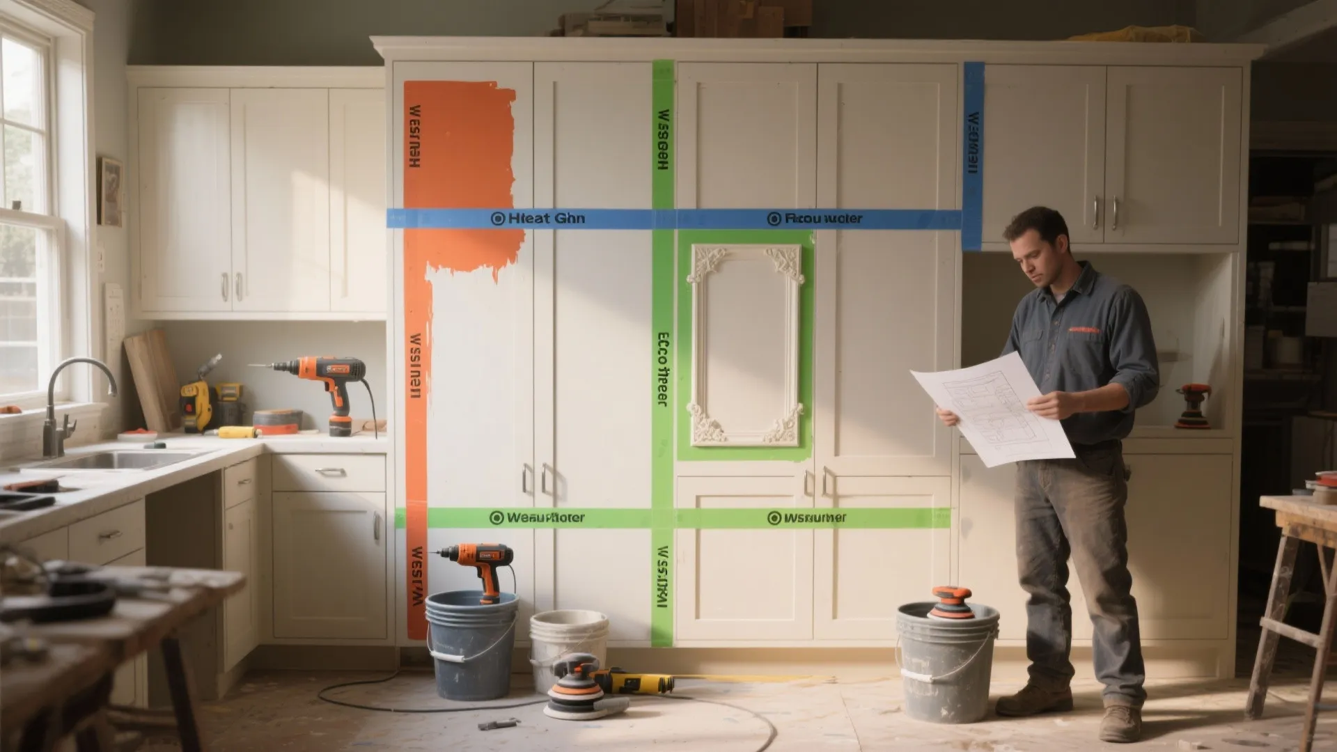 Worker looking at an interior design drawing in a kitchen with white cabinets and tools