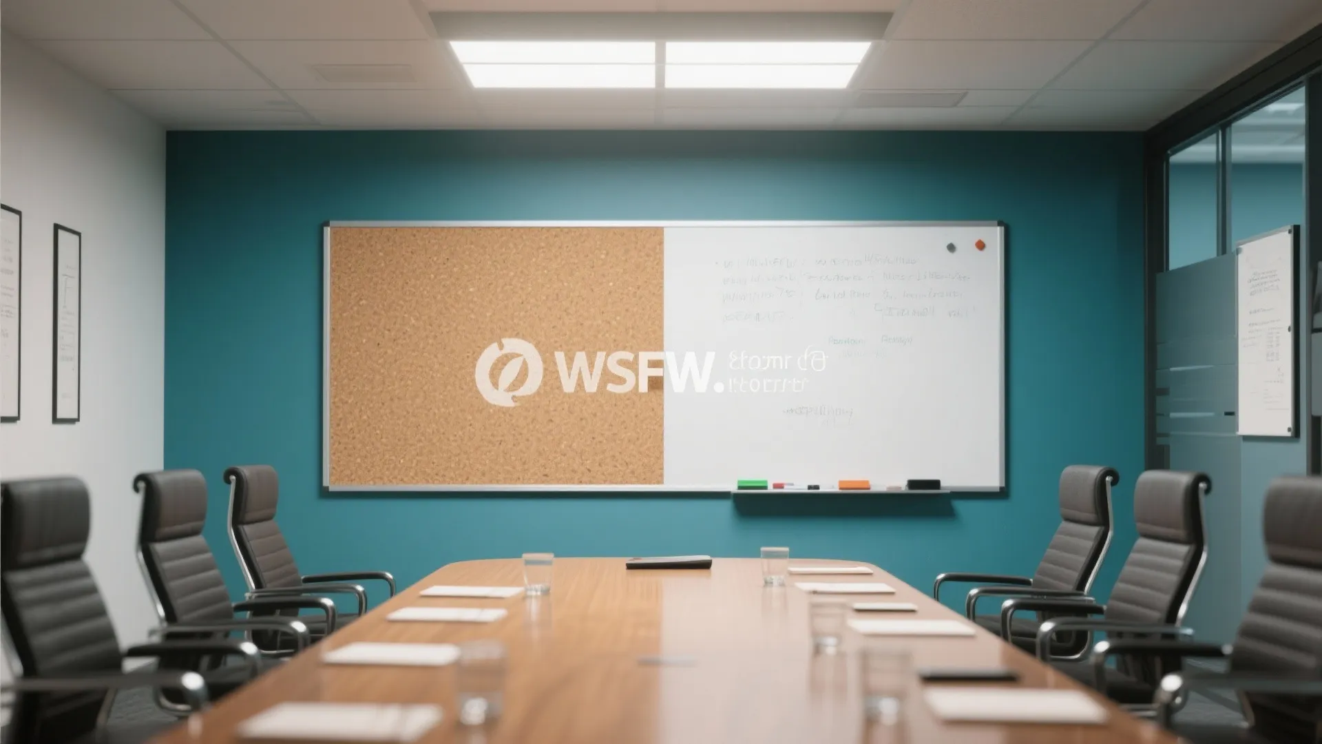 Professional meeting room with long wooden table black chairs blue wall and cork white board combination