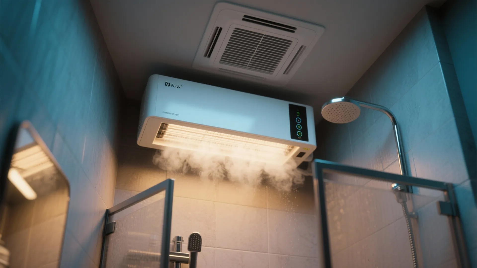 White bathroom extractor fan and heater unit mounted on ceiling above a glass shower area