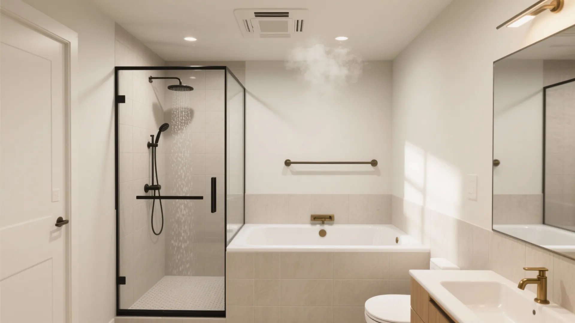 Bright bathroom interior design featuring a glass shower door bathtub and wooden bathroom sink cabinet