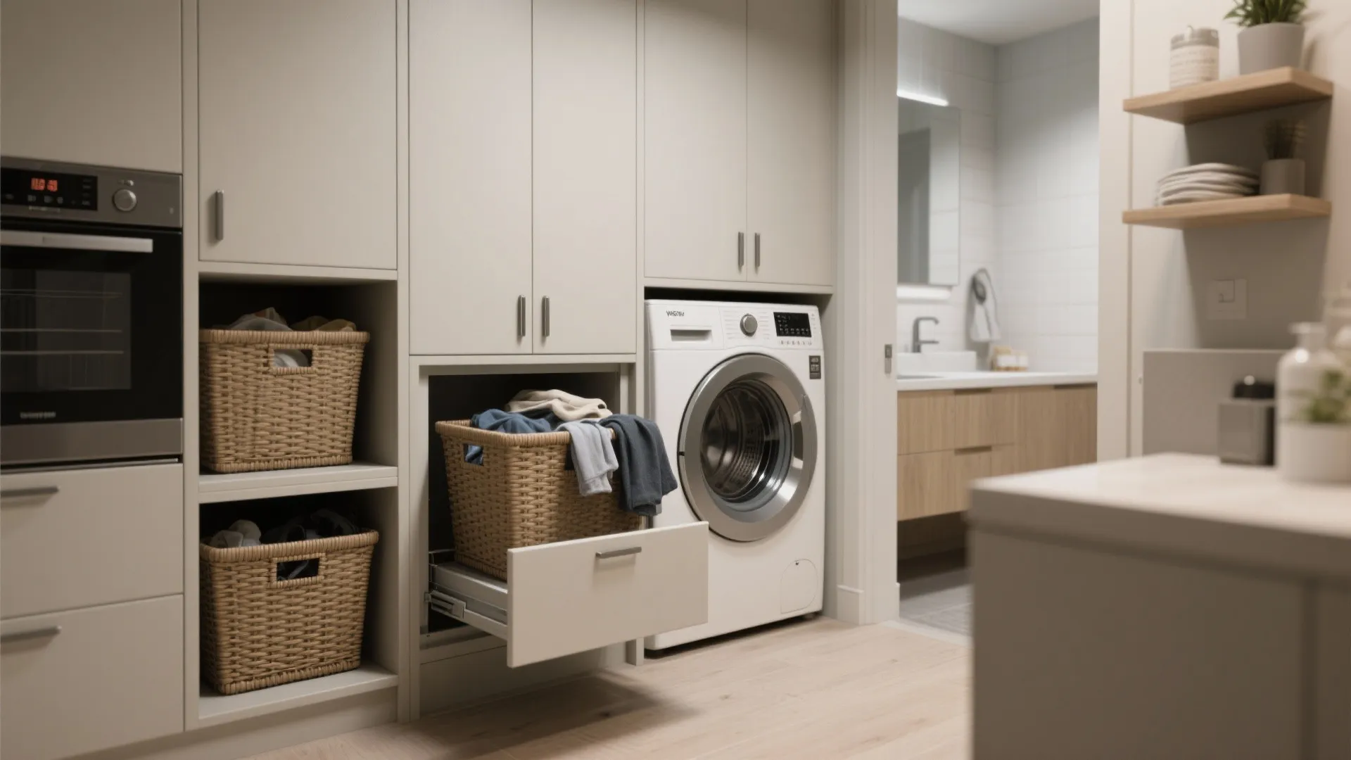 Modern laundry room with white washing machine built into cream cabinets and woven laundry storage baskets