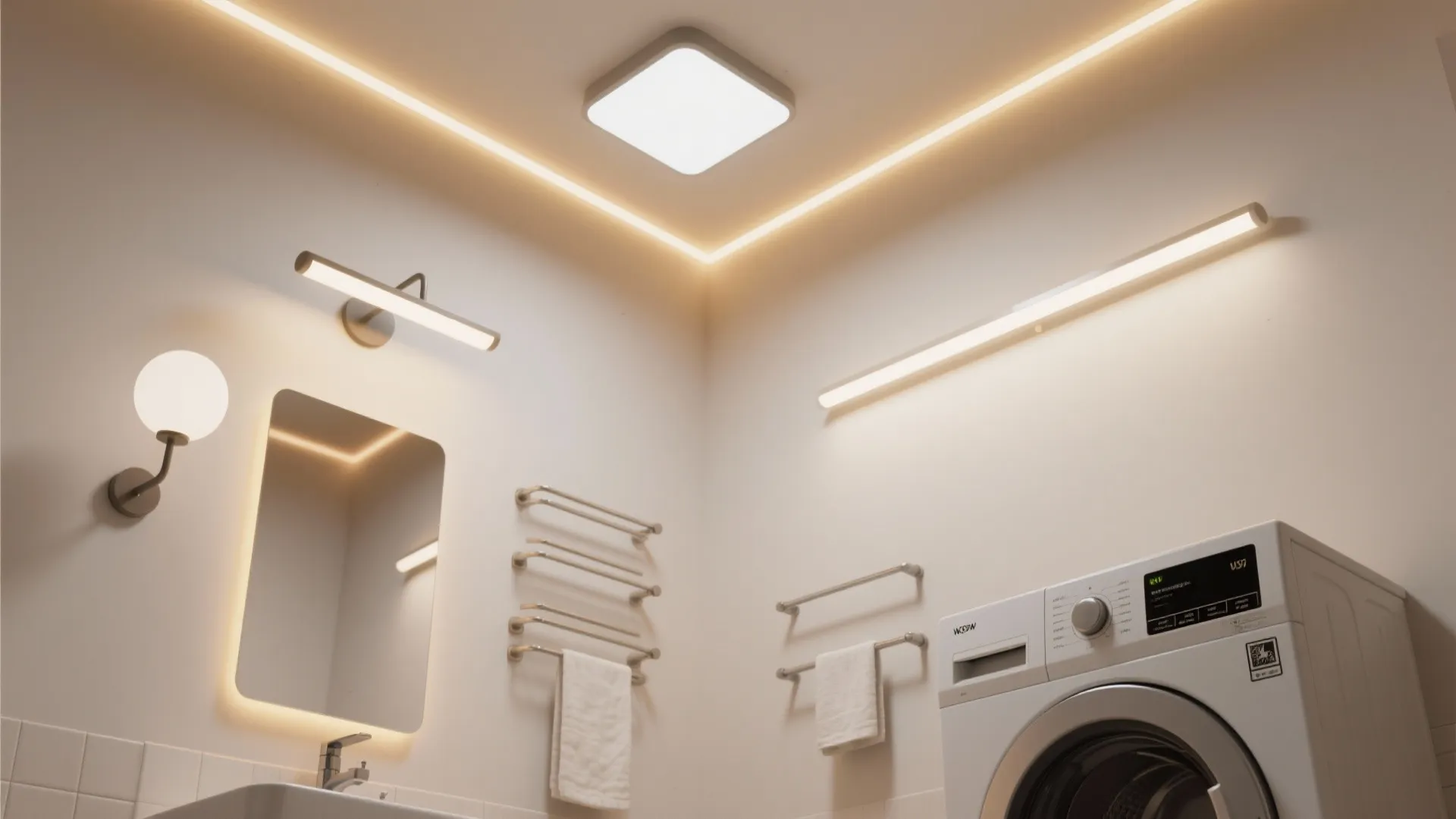 Bright bathroom laundry area with wall lights and ceiling light strips above a washing machine