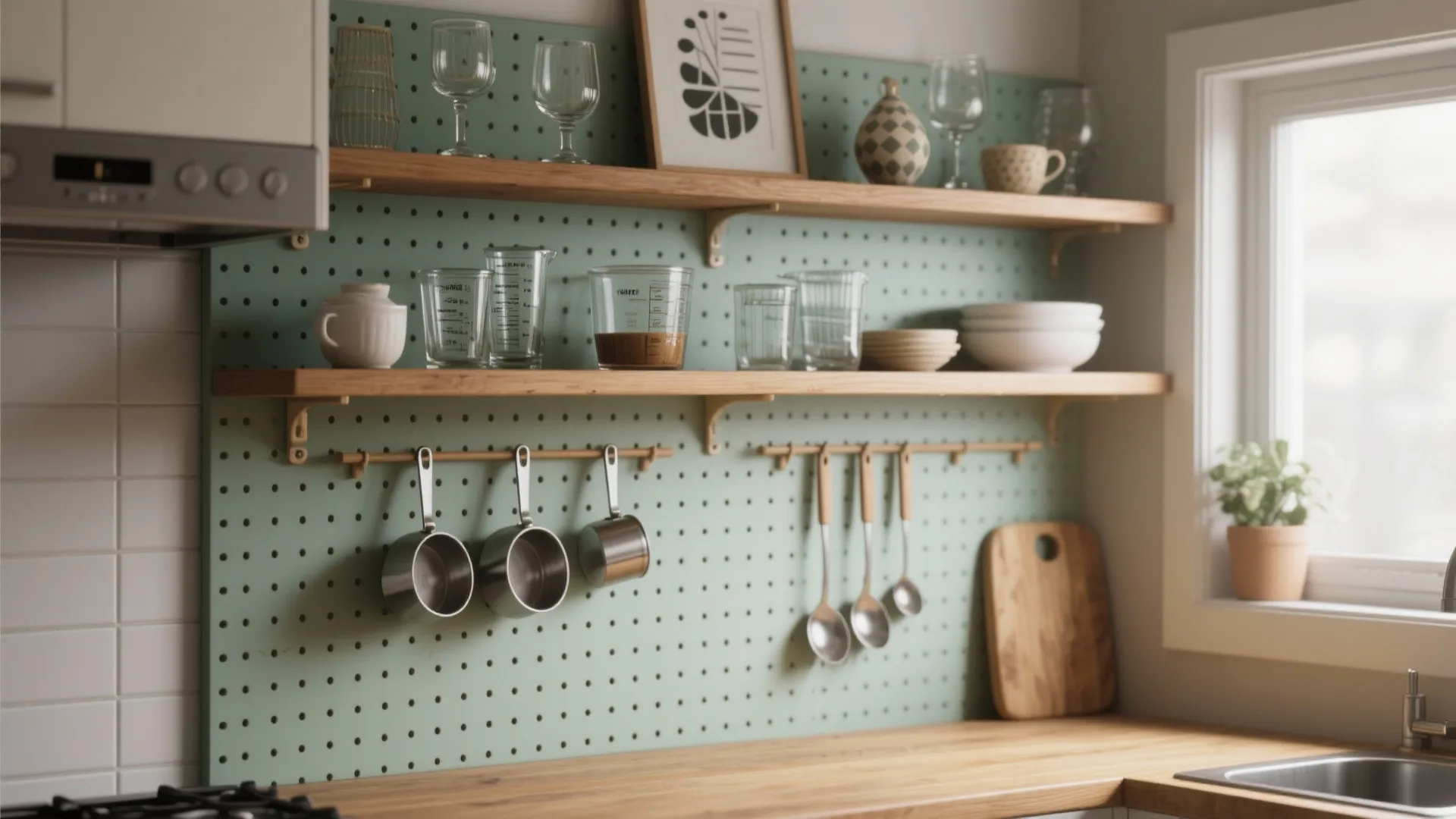 Shallow open shelves above a pegboard showing glassware on top and utensils below in a small kitchen.