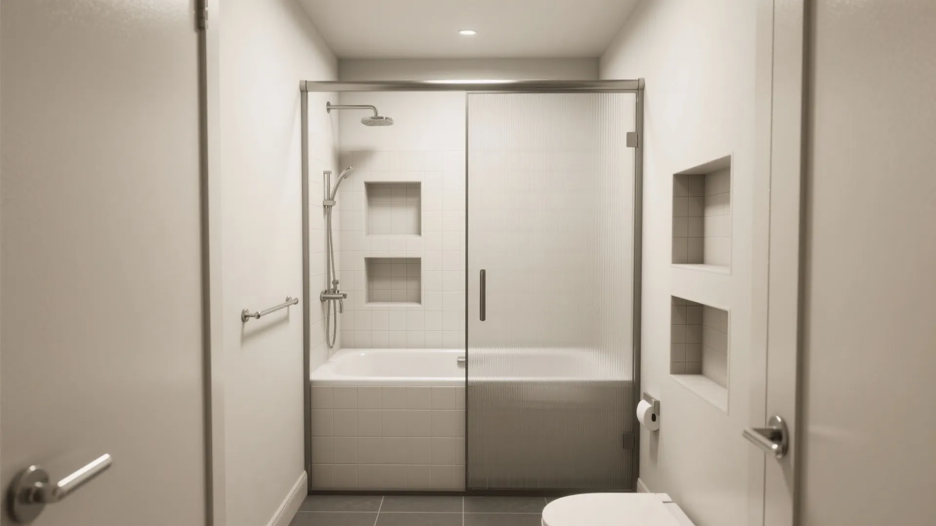 Compact tub-shower combo with sliding glass and smart niches