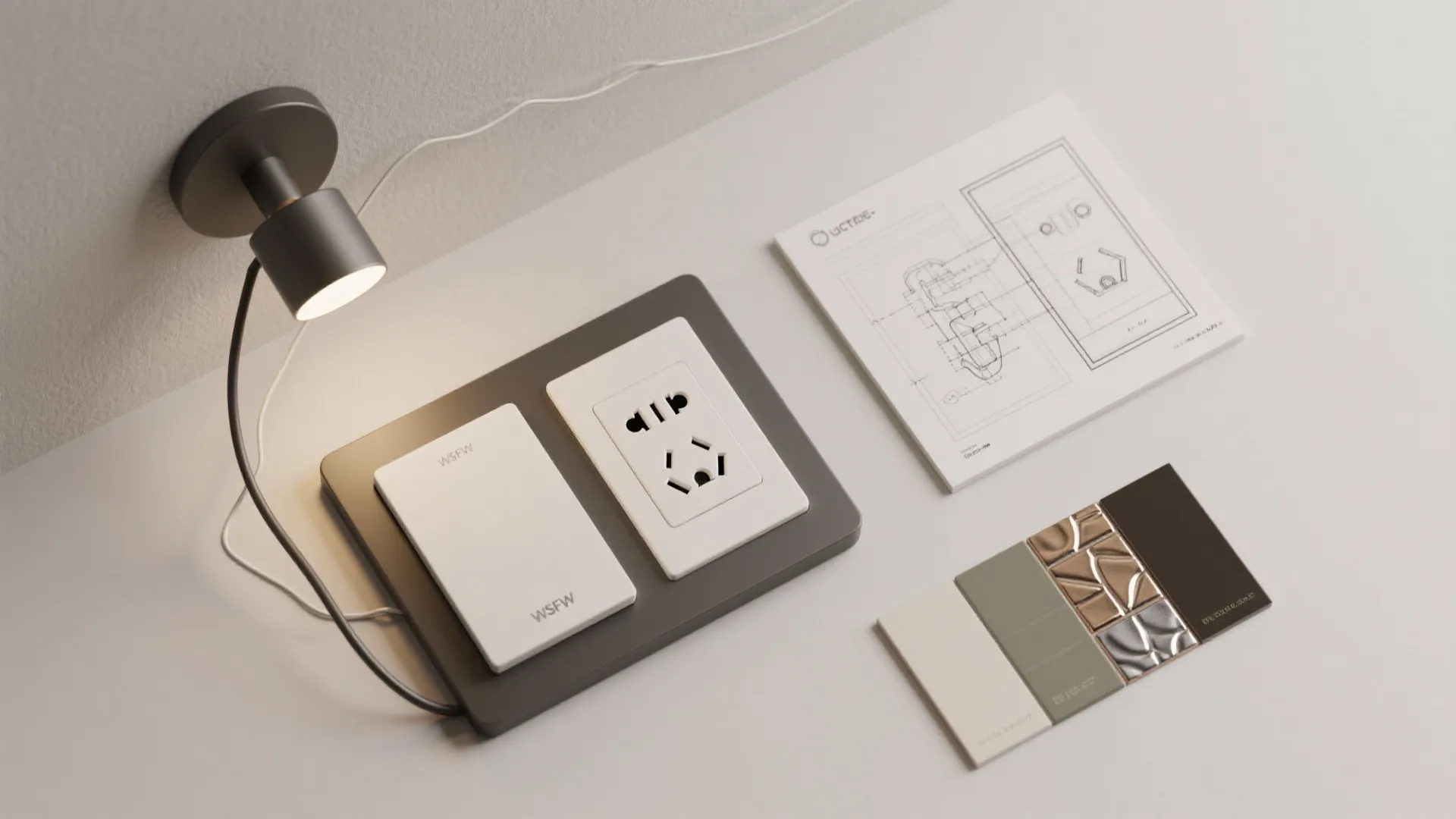 Modern white light switch and power outlet beside a small wall light and design drawings