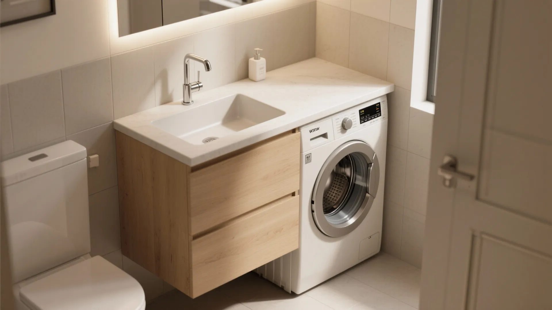 Shallow sink installed above an under-counter combo washer in a compact bathroom layout.