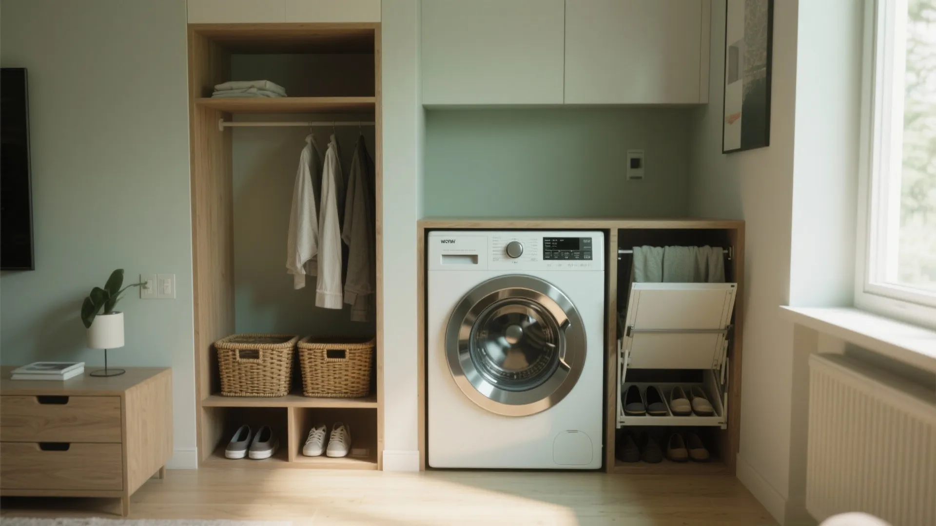 Small laundry area with white washing machine built into wooden shelves for clothes and shoes