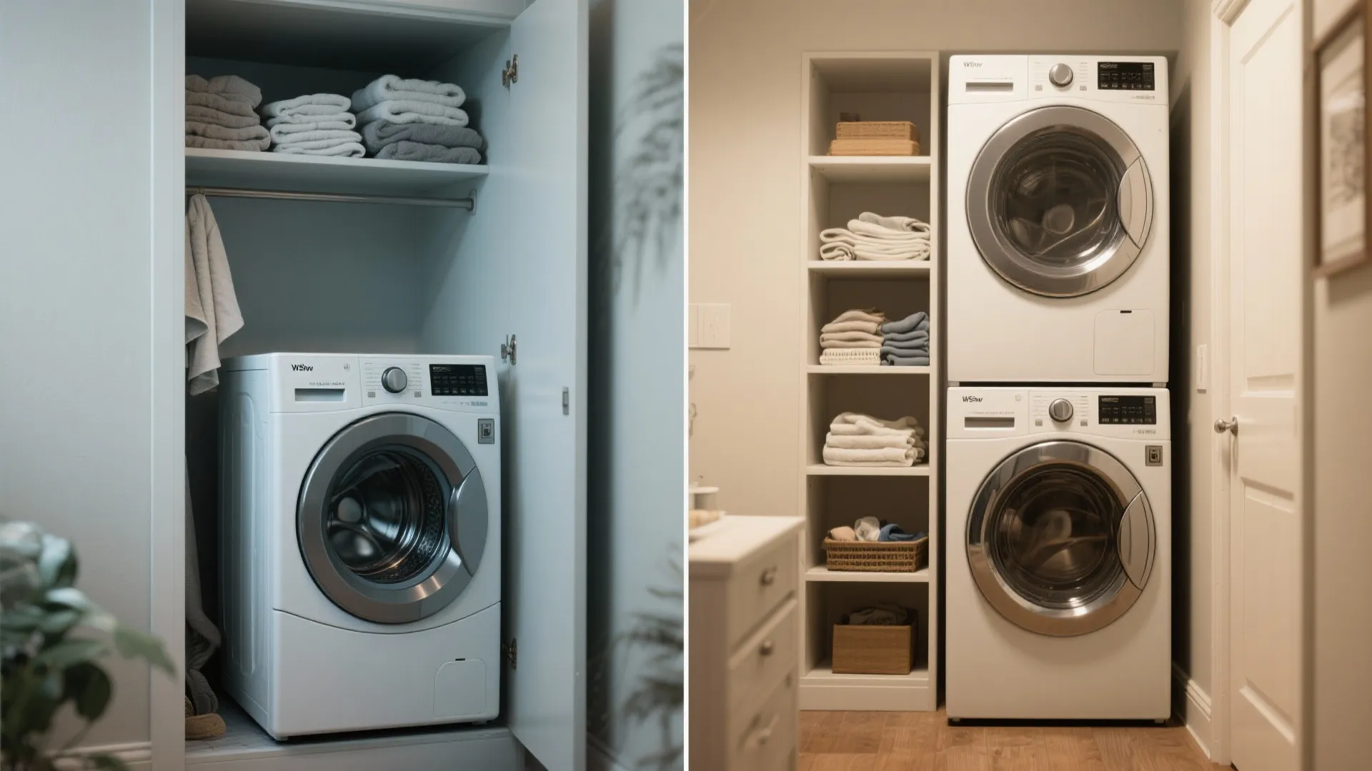 Side by side comparison showing a single washing machine versus a stacked washer and dryer