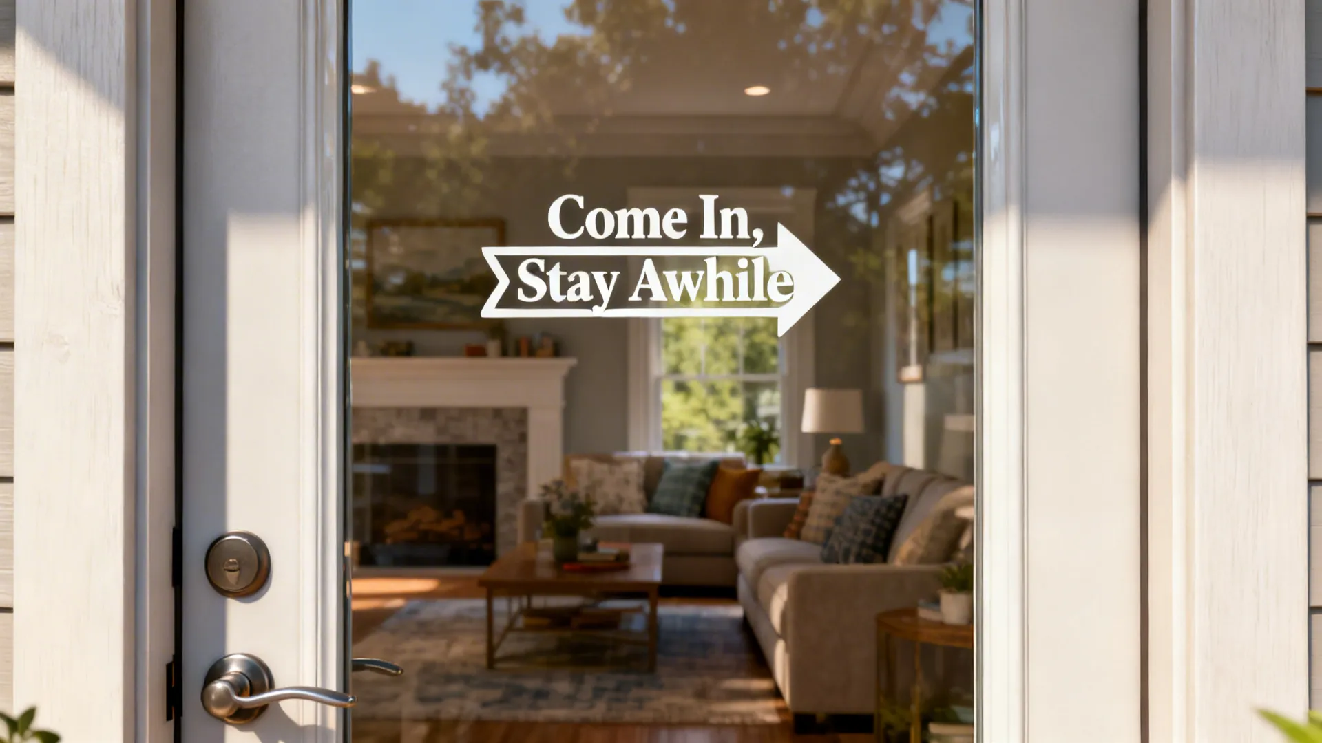 White front door with welcoming text sticker showing cozy living room fireplace and sofa inside