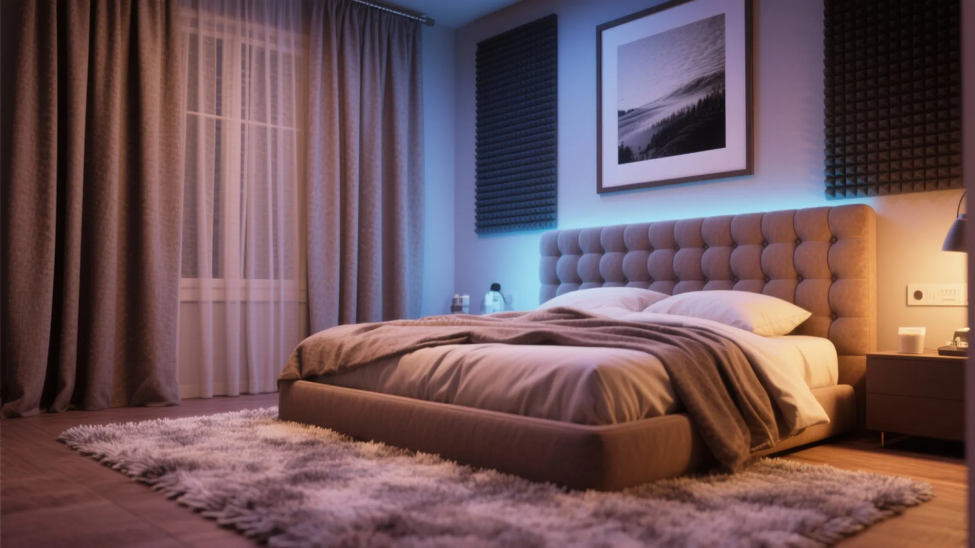 Modern bedroom featuring a grey tufted bed, soft rug, wall panels, and blue accent lighting