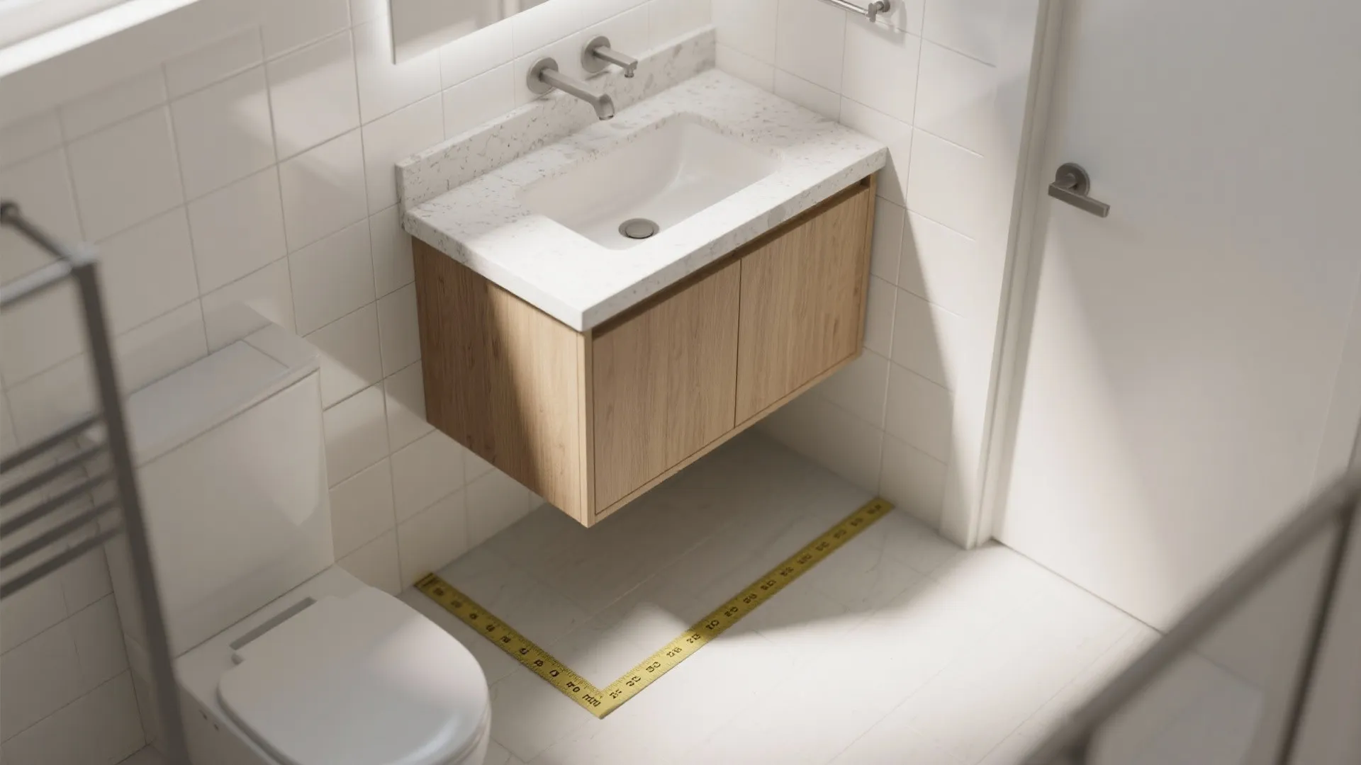 Top-down view showing accessible floating vanity with open knee clearance and practical layout in a small bathroom.
