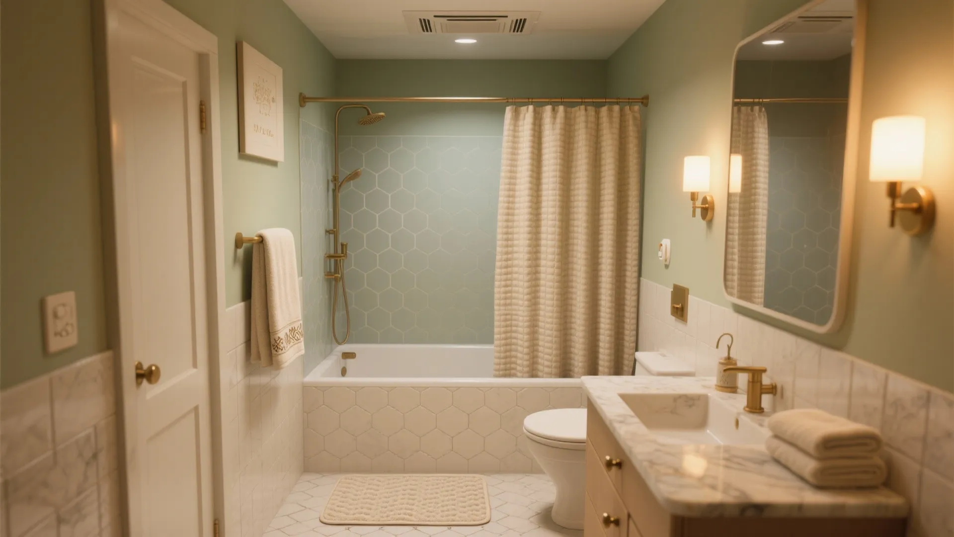Modern bathroom with green walls hexagon tiles beige curtain gold wall light and marble sink