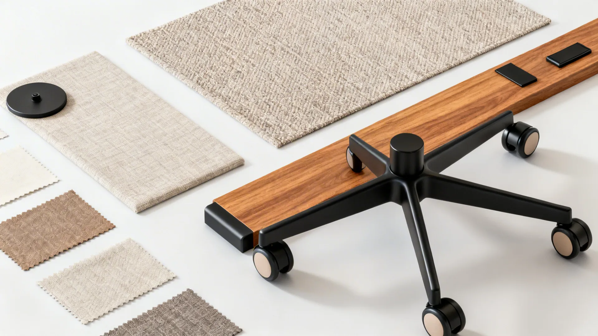 Material flat lay with fabric swatches, oak, black hardware, and soft caster wheels.