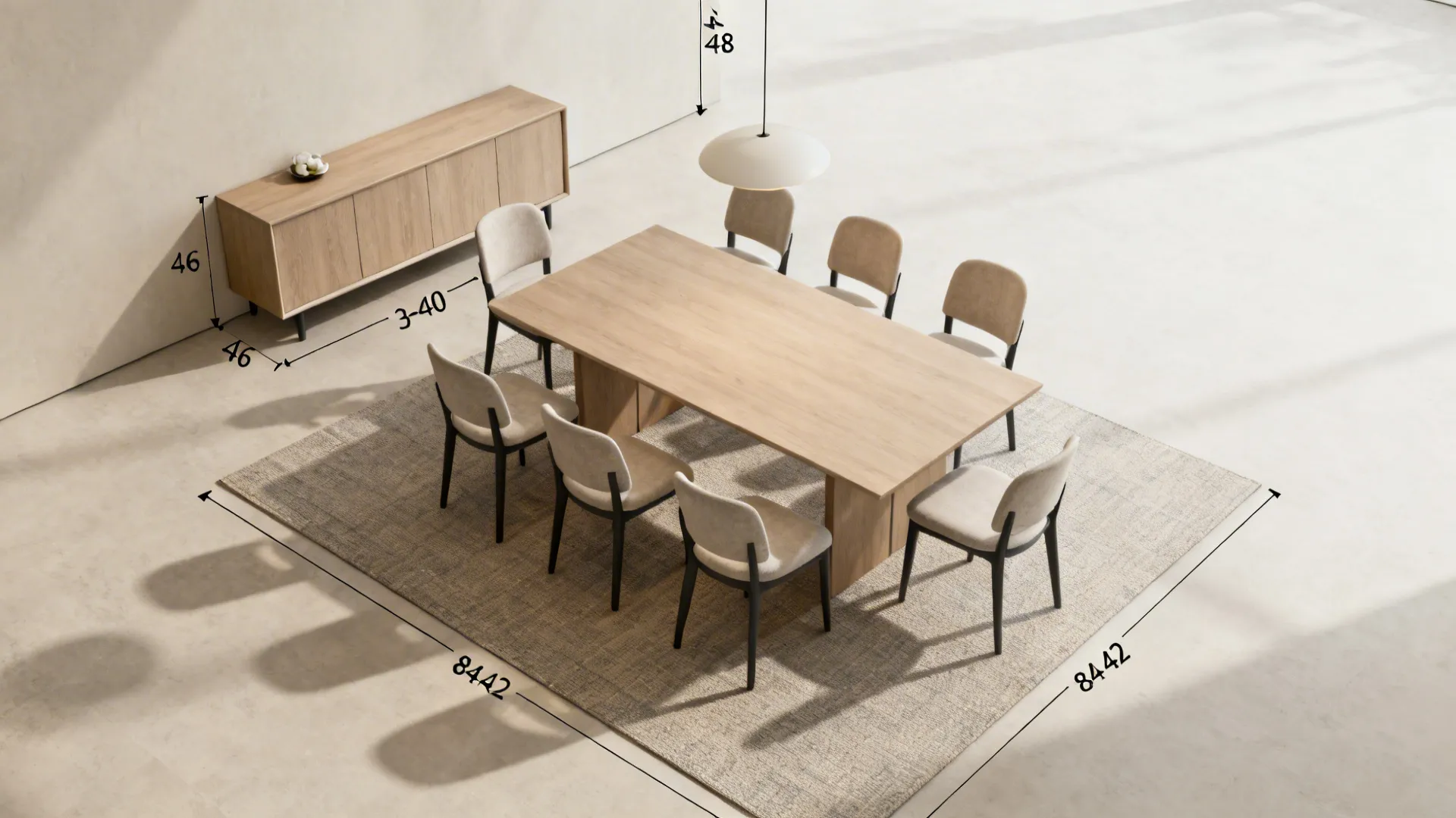 Top-down view showing chair pushback and clearances around an 8-seat table and sideboard.