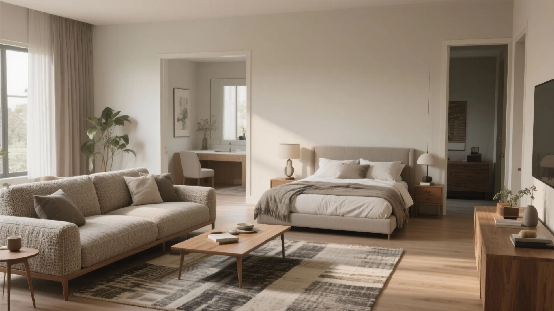 Cozy living room and master bedroom view emphasizing comfortable sofa and solid bed for priority spending