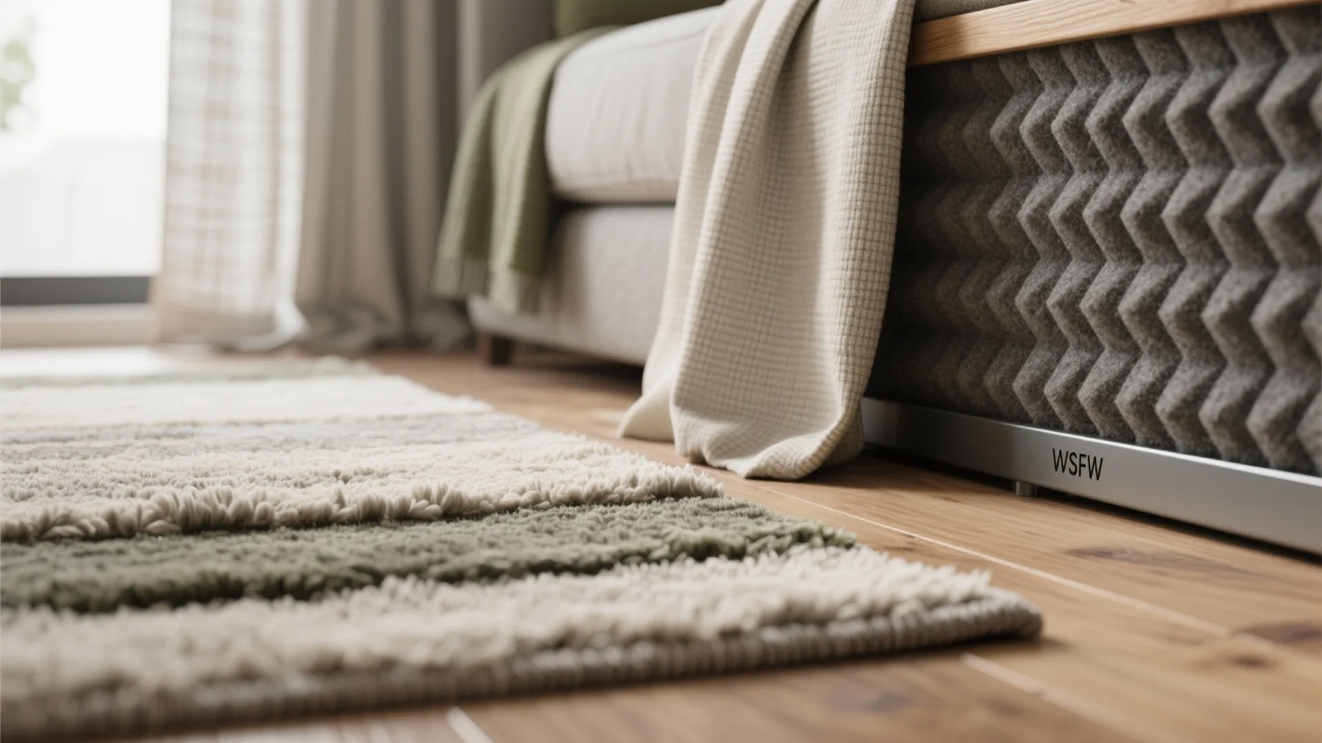 Close up of soft green and white striped rug on wooden floor near grey sofa